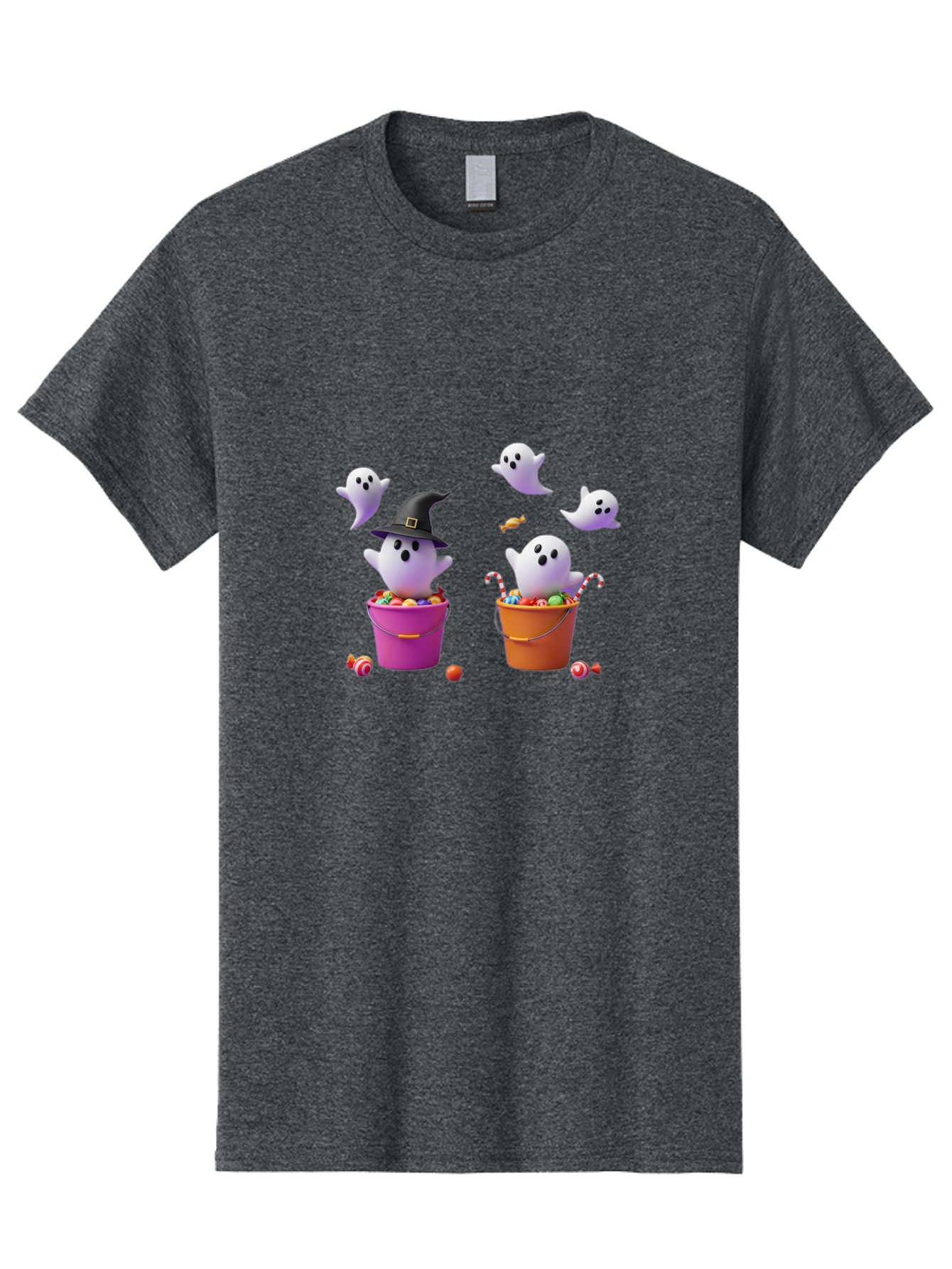 Ghosts-And-Buckets Men'S Graphic Tee, 100% Cotton, Comfortable Casual Summer Wear, Machine Washable, Halloween Ghosts, Candy-Filled Buckets, Witch Hat, Halloween Treats, Trick-Or-Treat, Spooky Decorations, Cartoon Style, Festive Atmosphere Bad137