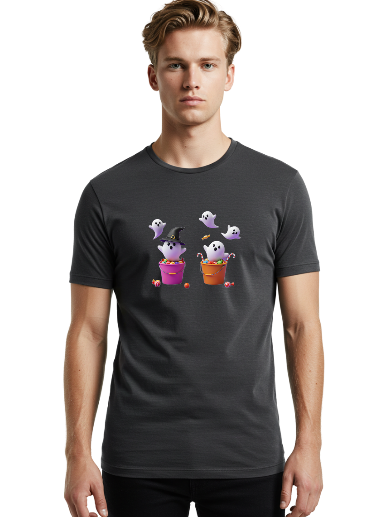 Ghosts-And-Buckets Men'S Graphic Tee, 100% Cotton, Comfortable Casual Summer Wear, Machine Washable, Halloween Ghosts, Candy-Filled Buckets, Witch Hat, Halloween Treats, Trick-Or-Treat, Spooky Decorations, Cartoon Style, Festive Atmosphere Bad137
