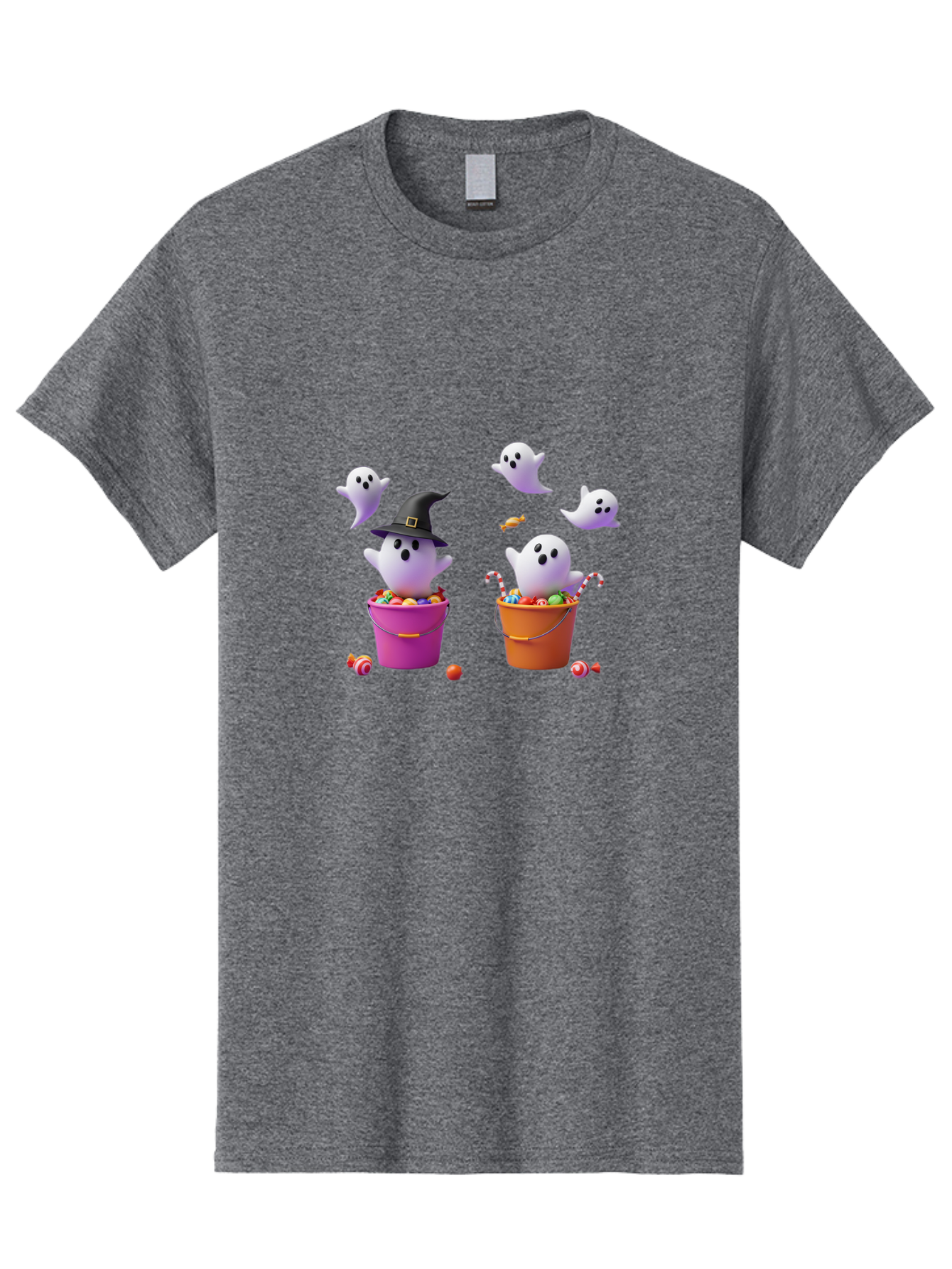 Ghosts-And-Buckets Men'S Graphic Tee, 100% Cotton, Comfortable Casual Summer Wear, Machine Washable, Halloween Ghosts, Candy-Filled Buckets, Witch Hat, Halloween Treats, Trick-Or-Treat, Spooky Decorations, Cartoon Style, Festive Atmosphere Bad137