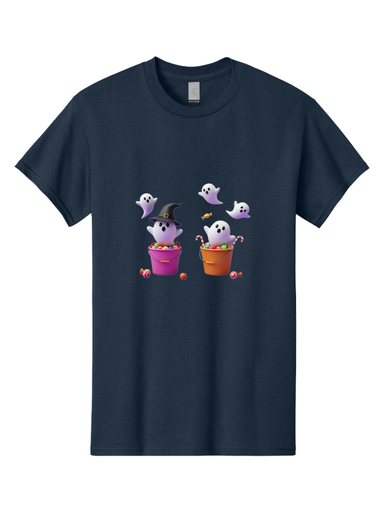 Ghosts-And-Buckets Men'S Graphic Tee, 100% Cotton, Comfortable Casual Summer Wear, Machine Washable, Halloween Ghosts, Candy-Filled Buckets, Witch Hat, Halloween Treats, Trick-Or-Treat, Spooky Decorations, Cartoon Style, Festive Atmosphere Bad137