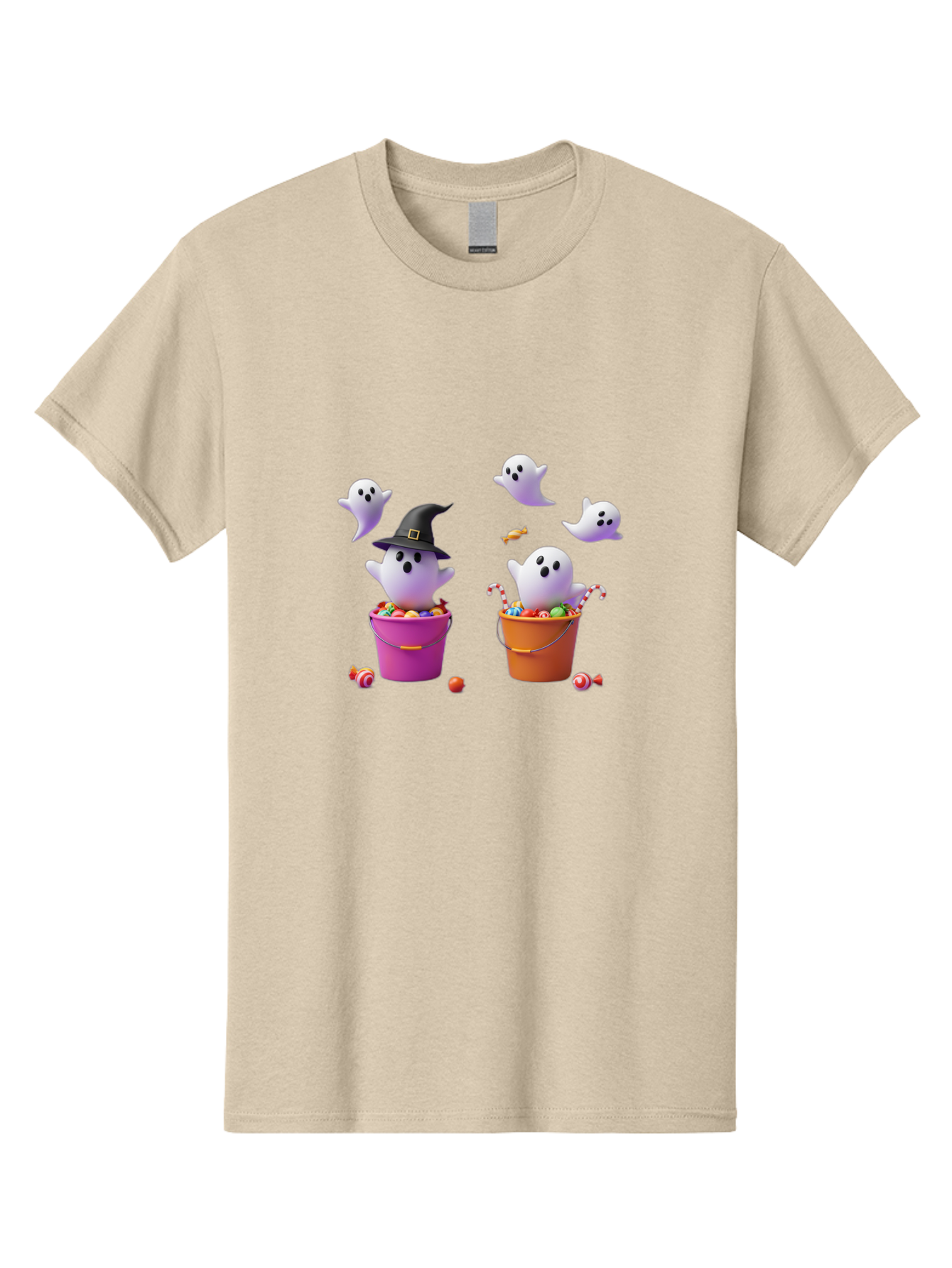 Ghosts-And-Buckets Men'S Graphic Tee, 100% Cotton, Comfortable Casual Summer Wear, Machine Washable, Halloween Ghosts, Candy-Filled Buckets, Witch Hat, Halloween Treats, Trick-Or-Treat, Spooky Decorations, Cartoon Style, Festive Atmosphere Bad137