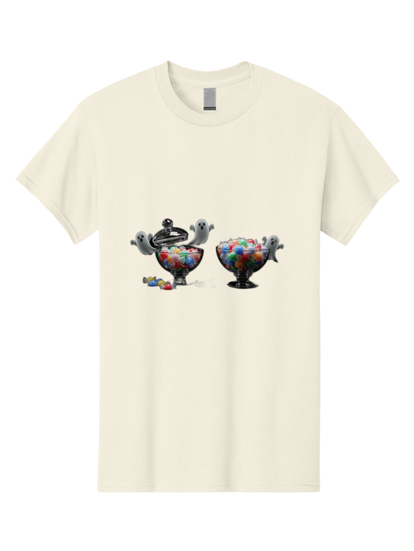 Ghosts-And-Gummies Men'S Graphic Tee, 100% Cotton, Comfortable Casual Summer Wear, Machine Washable, Candy Jars, Colorful Gummies, Halloween Treats, Jelly Beans, Ghostly Figures, Spooky Decorations, Candy Dish, Gummy Candies, Sweet Treats, Bad138