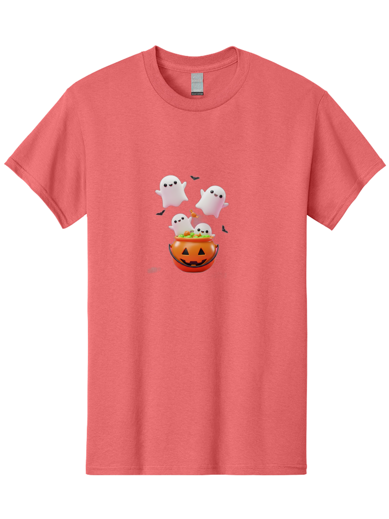 Ghosts-And-Jack-O-Lantern Men'S Graphic Tee, 100% Cotton, Comfortable Casual Summer Wear, Machine Washable, Halloween Ghosts, Candy Bucket, Pumpkin Decoration, Spooky Atmosphere, Cartoon-Style Illustration, Halloween Treats, Bad139