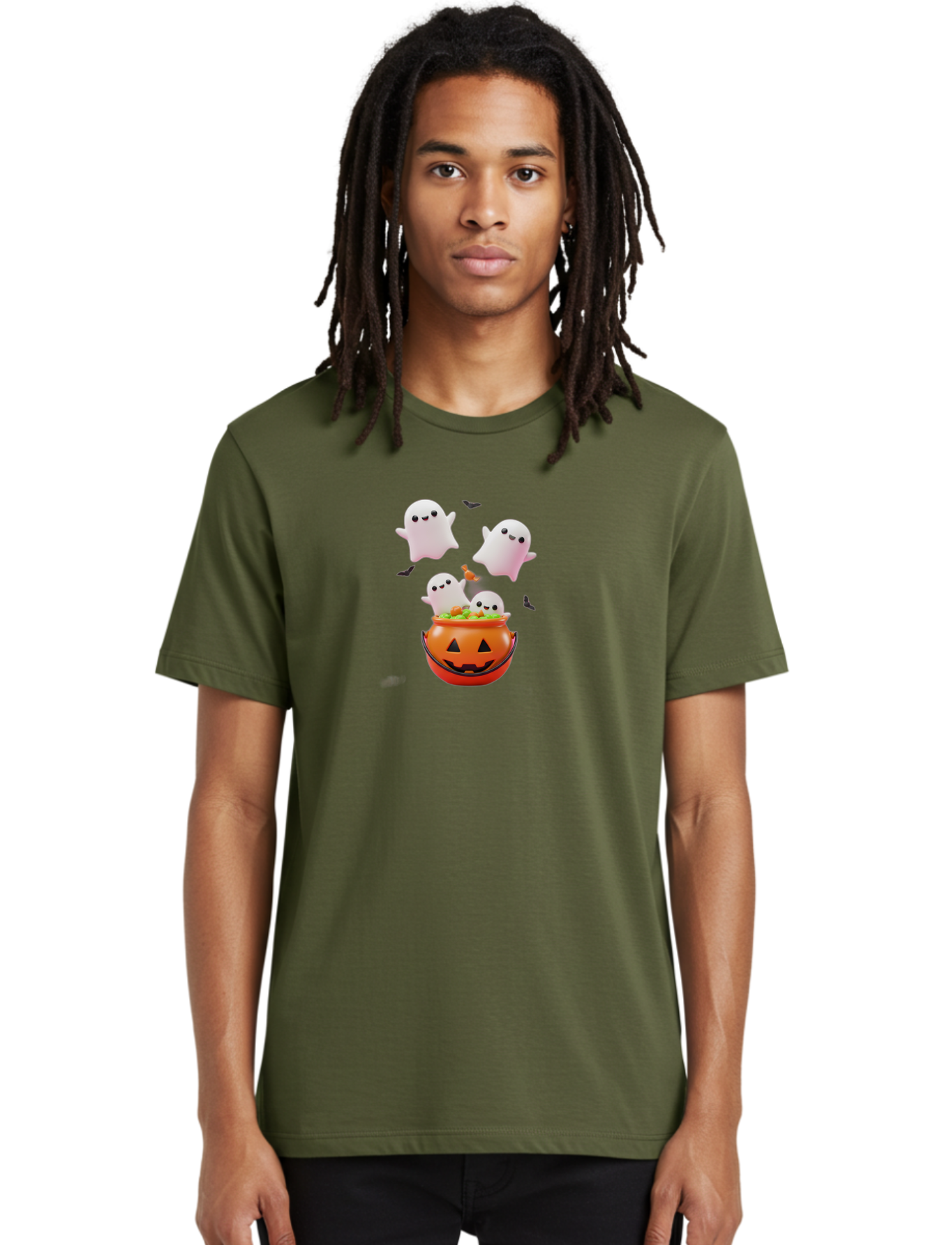 Ghosts-And-Jack-O-Lantern Men'S Graphic Tee, 100% Cotton, Comfortable Casual Summer Wear, Machine Washable, Halloween Ghosts, Candy Bucket, Pumpkin Decoration, Spooky Atmosphere, Cartoon-Style Illustration, Halloween Treats, Bad139