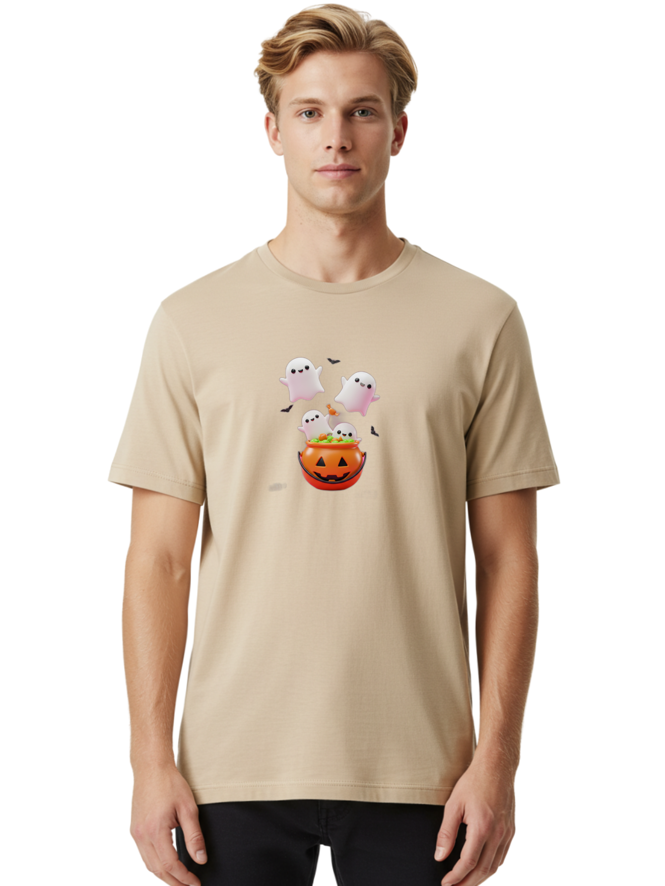 Ghosts-And-Jack-O-Lantern Men'S Graphic Tee, 100% Cotton, Comfortable Casual Summer Wear, Machine Washable, Halloween Ghosts, Candy Bucket, Pumpkin Decoration, Spooky Atmosphere, Cartoon-Style Illustration, Halloween Treats, Bad139