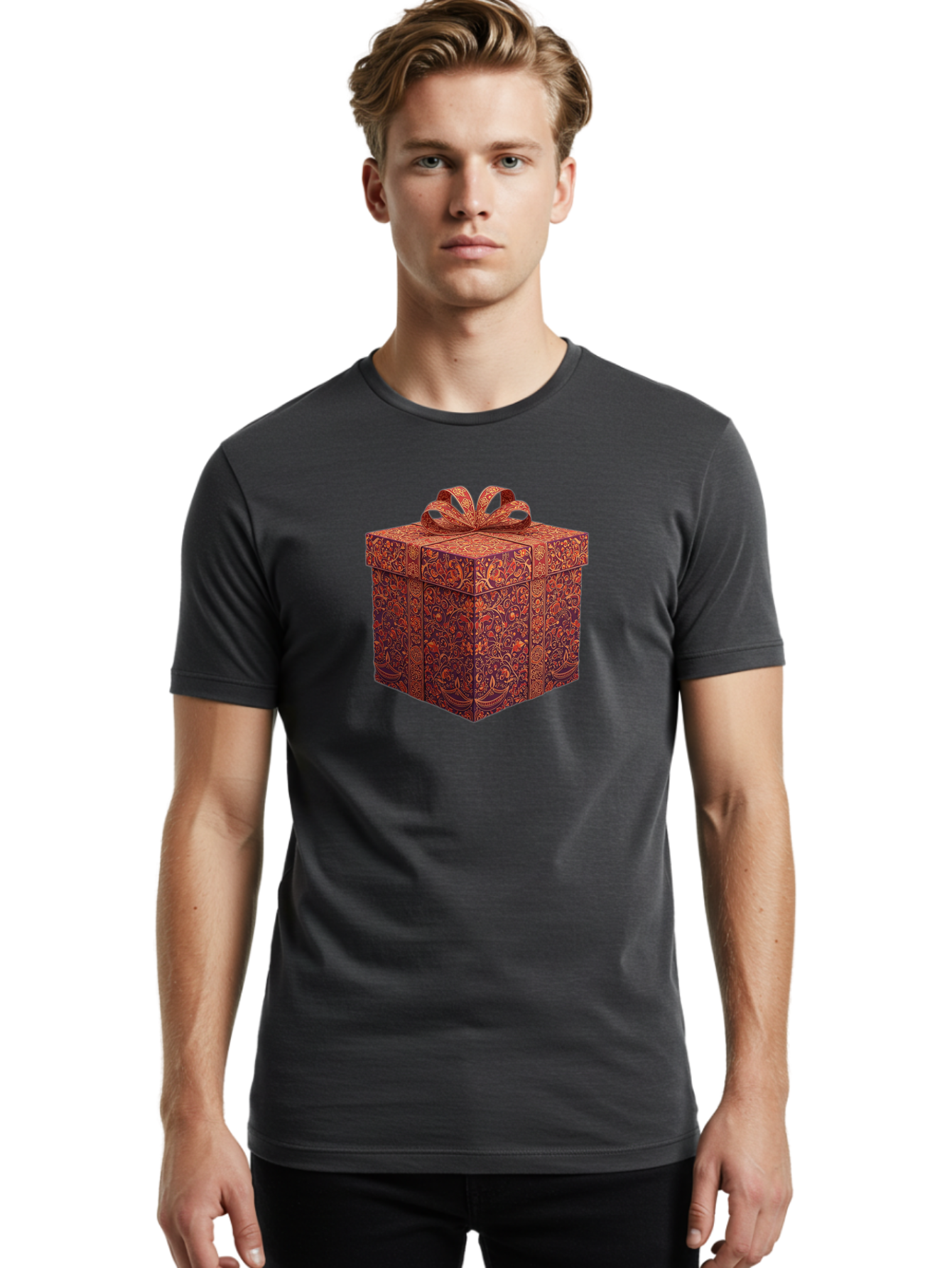 Gift-Box-1 Men'S Graphic Tee, 100% Cotton, Comfortable Casual Summer Wear, Machine Washable, Gift Box With Ribbon, Luxury Gift Wrapping, Red And Orange Floral Pattern, Beautiful Presentation, Intricate Designs, Gift Giving, Special Occasion Bad140