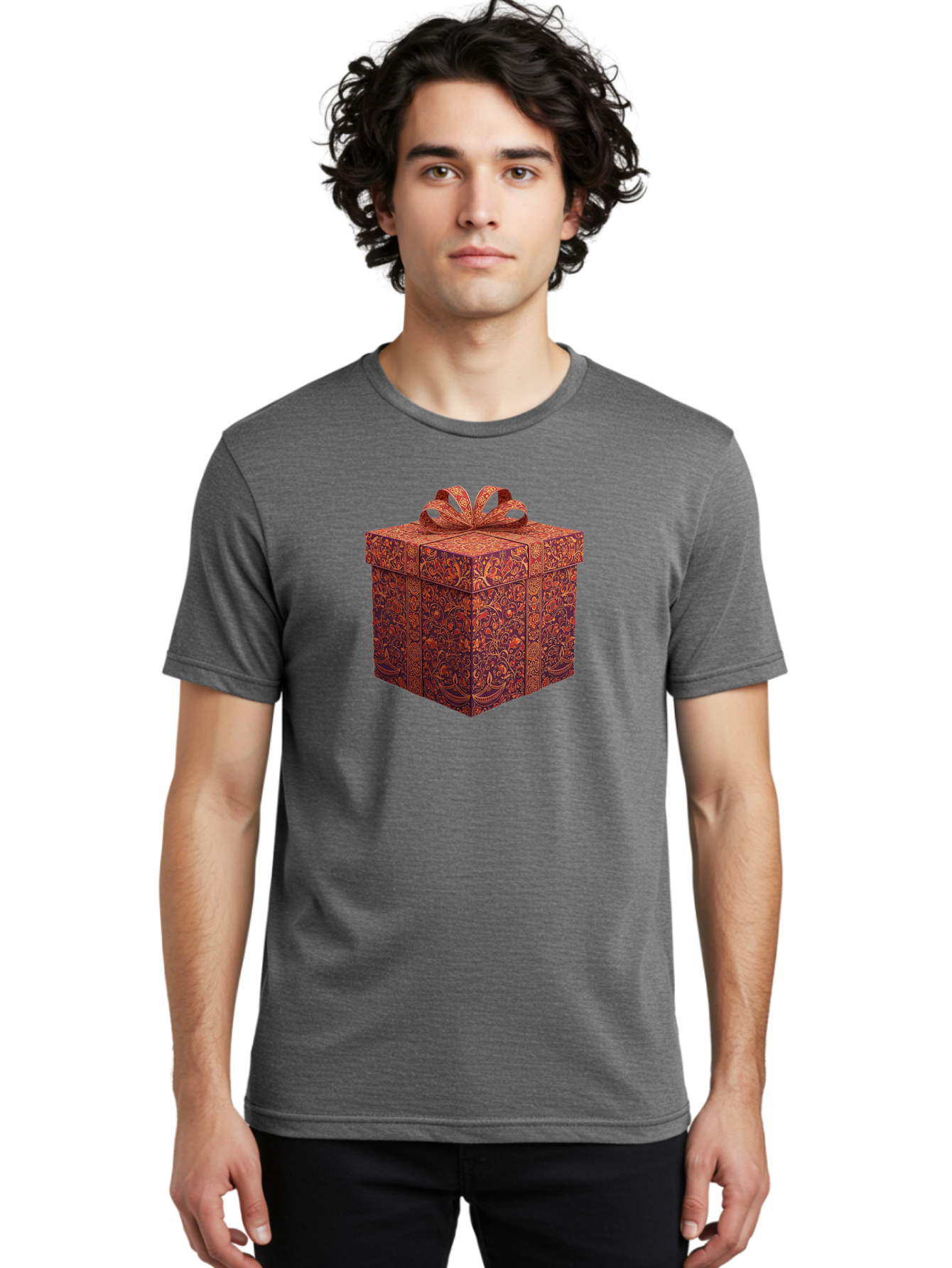 Gift-Box-1 Men'S Graphic Tee, 100% Cotton, Comfortable Casual Summer Wear, Machine Washable, Gift Box With Ribbon, Luxury Gift Wrapping, Red And Orange Floral Pattern, Beautiful Presentation, Intricate Designs, Gift Giving, Special Occasion Bad140