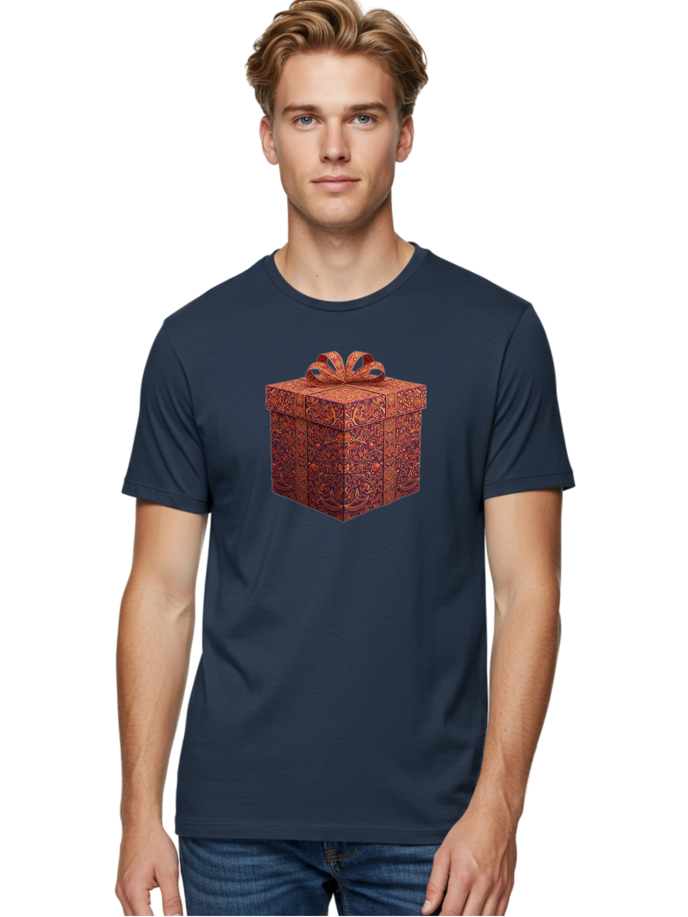 Gift-Box-1 Men'S Graphic Tee, 100% Cotton, Comfortable Casual Summer Wear, Machine Washable, Gift Box With Ribbon, Luxury Gift Wrapping, Red And Orange Floral Pattern, Beautiful Presentation, Intricate Designs, Gift Giving, Special Occasion Bad140