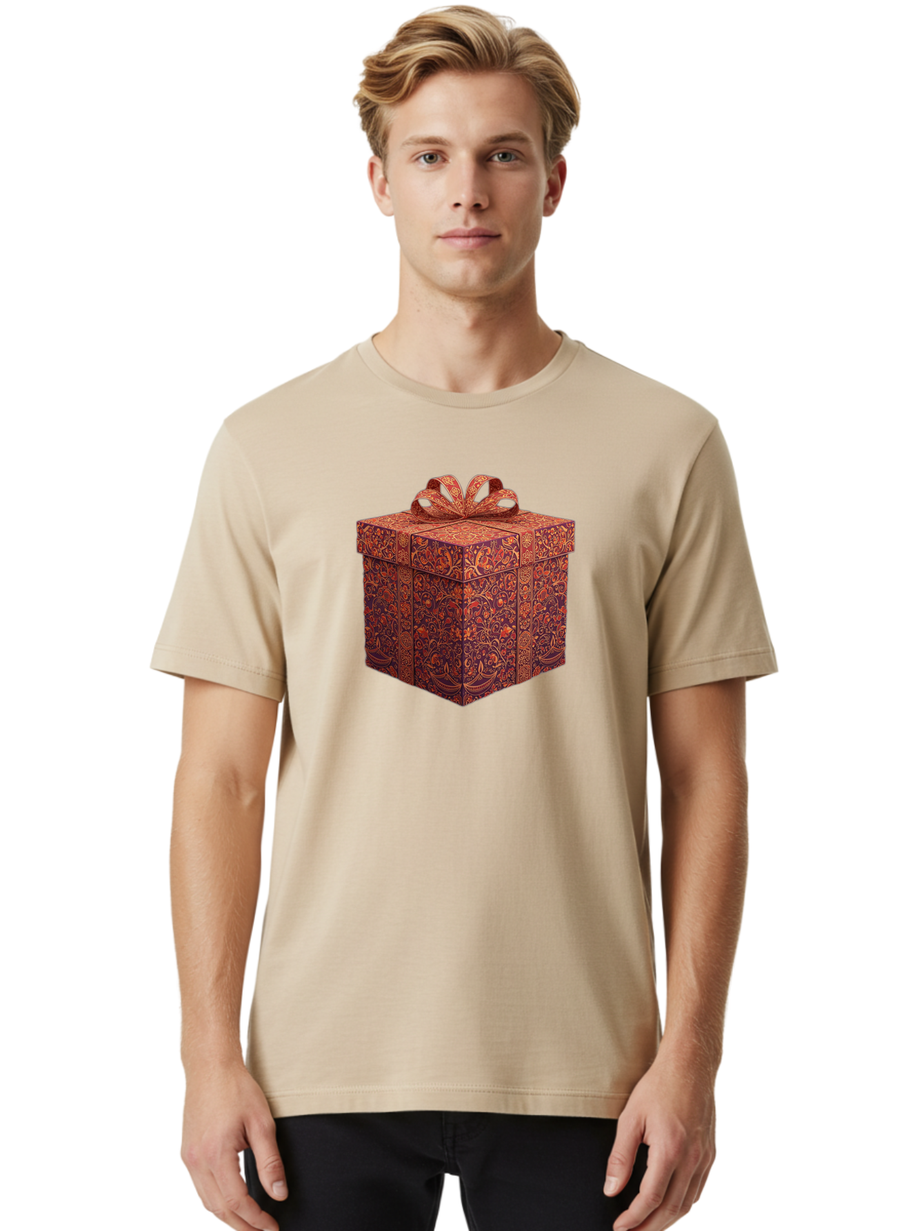 Gift-Box-1 Men'S Graphic Tee, 100% Cotton, Comfortable Casual Summer Wear, Machine Washable, Gift Box With Ribbon, Luxury Gift Wrapping, Red And Orange Floral Pattern, Beautiful Presentation, Intricate Designs, Gift Giving, Special Occasion Bad140