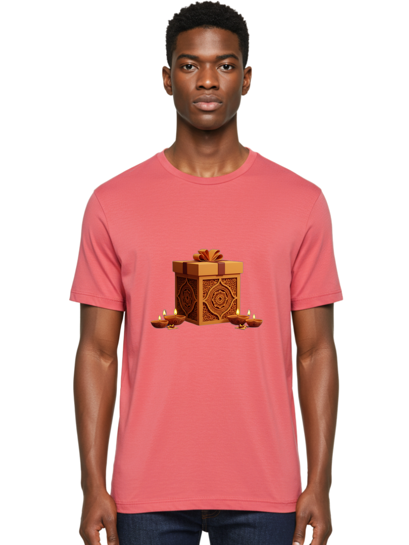 Gift-Box-With-Diyas-1 Men'S Graphic Tee, 100% Cotton, Comfortable Casual Summer Wear, Machine Washable, Gift Box, Diyas, Diwali Decorations, Traditional Indian Lamps, Festive Atmosphere, Golden Gift, Intricate Designs, Celebratory Ambiance, Bad141