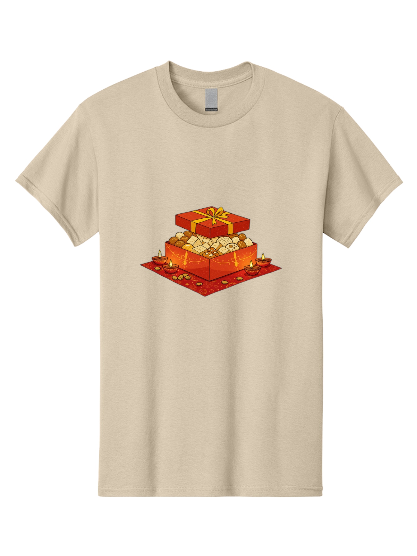 Gift-Box-With-Sweets Men'S Graphic Tee, 100% Cotton, Comfortable Casual Summer Wear, Machine Washable, Gift Box, Diwali Sweets, Traditional Indian Sweets, Mithai, Diwali Celebration, Lit Diyas, Festive Atmosphere, Red Gift Box, Yellow Ribbon Bad144