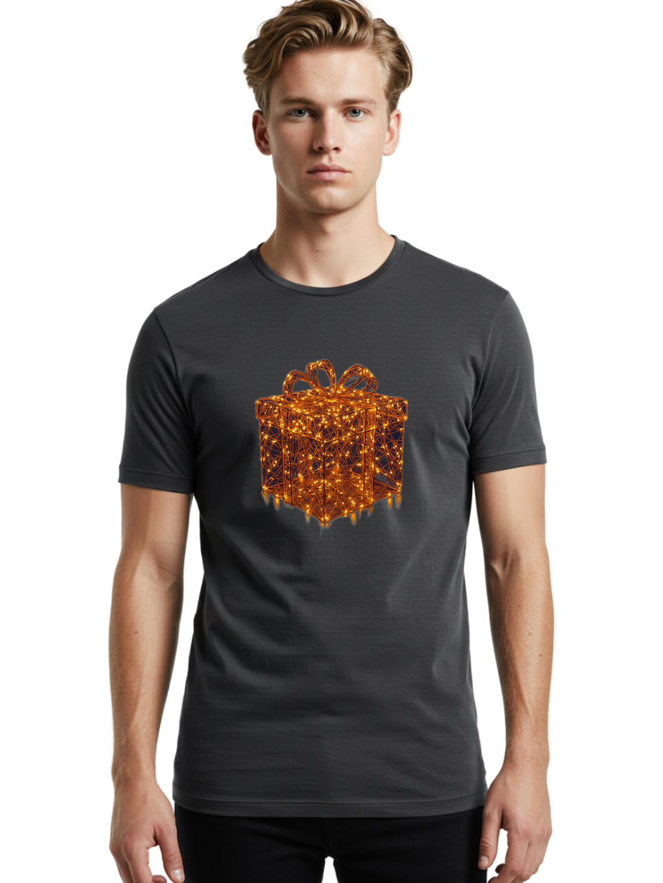Gift-Box Men'S Graphic Tee, 100% Cotton, Comfortable Casual Summer Wear, Machine Washable, Gold Gift Box, Festive Lights, Holiday Decorations, Wrapped Present, Glowing Ribbon, Celebratory Gift, Christmas Gift, Shiny Lights Bad145