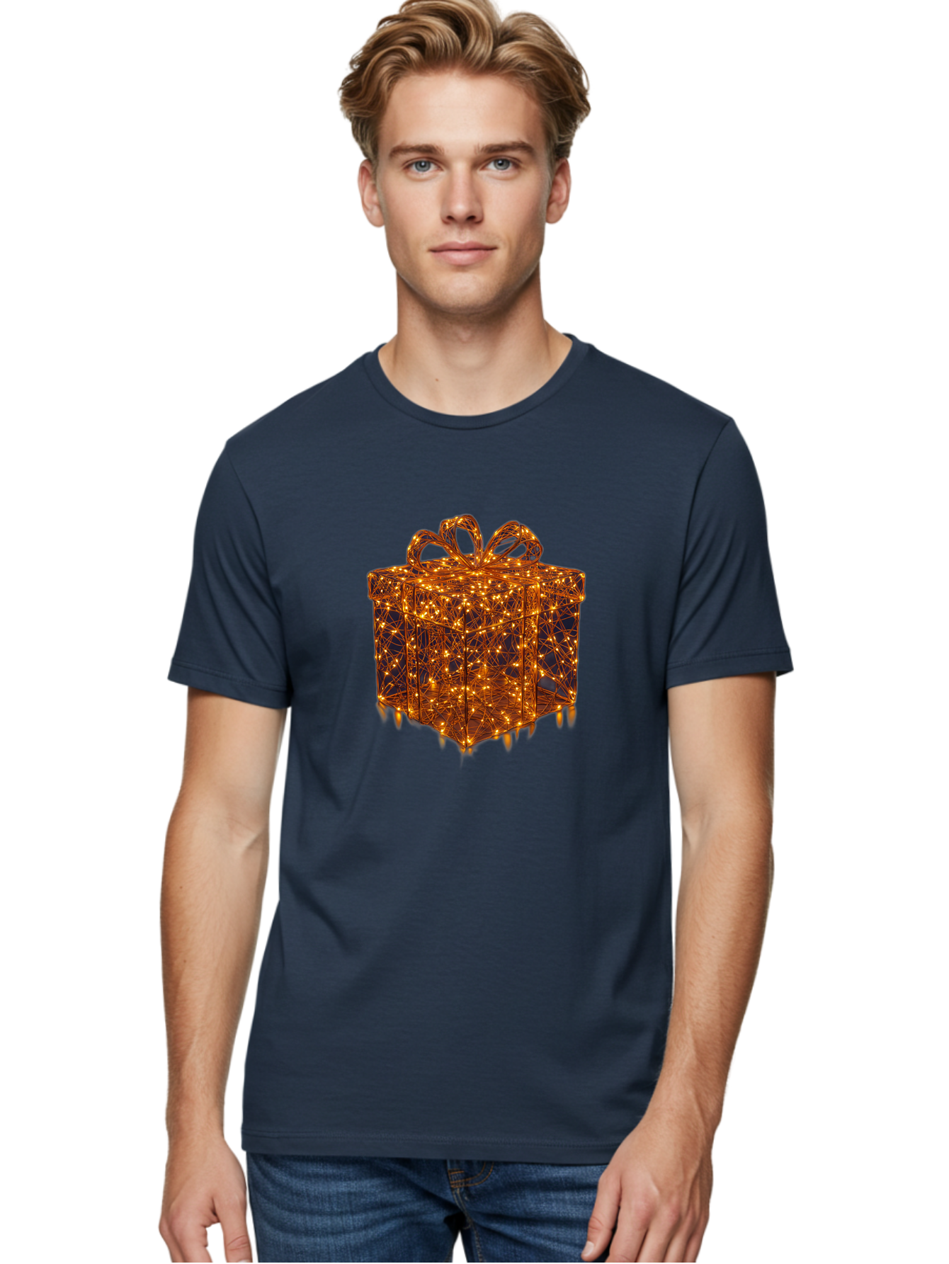 Gift-Box Men'S Graphic Tee, 100% Cotton, Comfortable Casual Summer Wear, Machine Washable, Gold Gift Box, Festive Lights, Holiday Decorations, Wrapped Present, Glowing Ribbon, Celebratory Gift, Christmas Gift, Shiny Lights Bad145