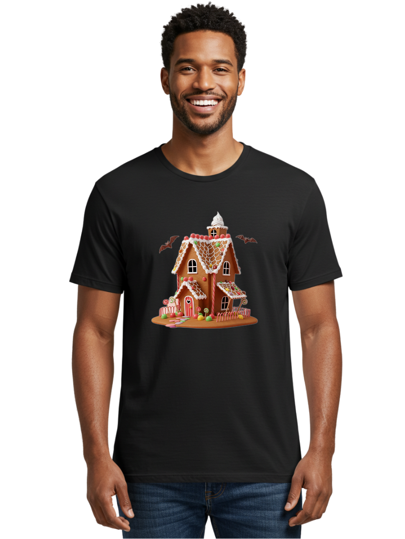 Gingerbread-House Men'S Graphic Tee, 100% Cotton, Comfortable Casual Summer Wear, Machine Washable, Gingerbread House, Holiday Treat, Festive Dessert, Candy Decorations, Icing Details, Red And White Candy, Holiday Sweets, Christmas Cookie, Bad148
