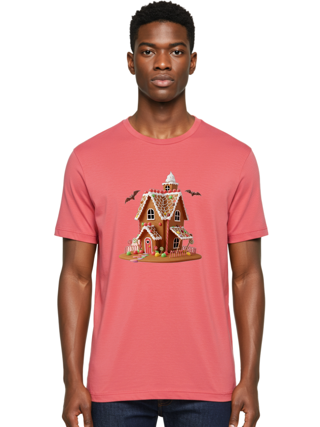 Gingerbread-House Men'S Graphic Tee, 100% Cotton, Comfortable Casual Summer Wear, Machine Washable, Gingerbread House, Holiday Treat, Festive Dessert, Candy Decorations, Icing Details, Red And White Candy, Holiday Sweets, Christmas Cookie, Bad148