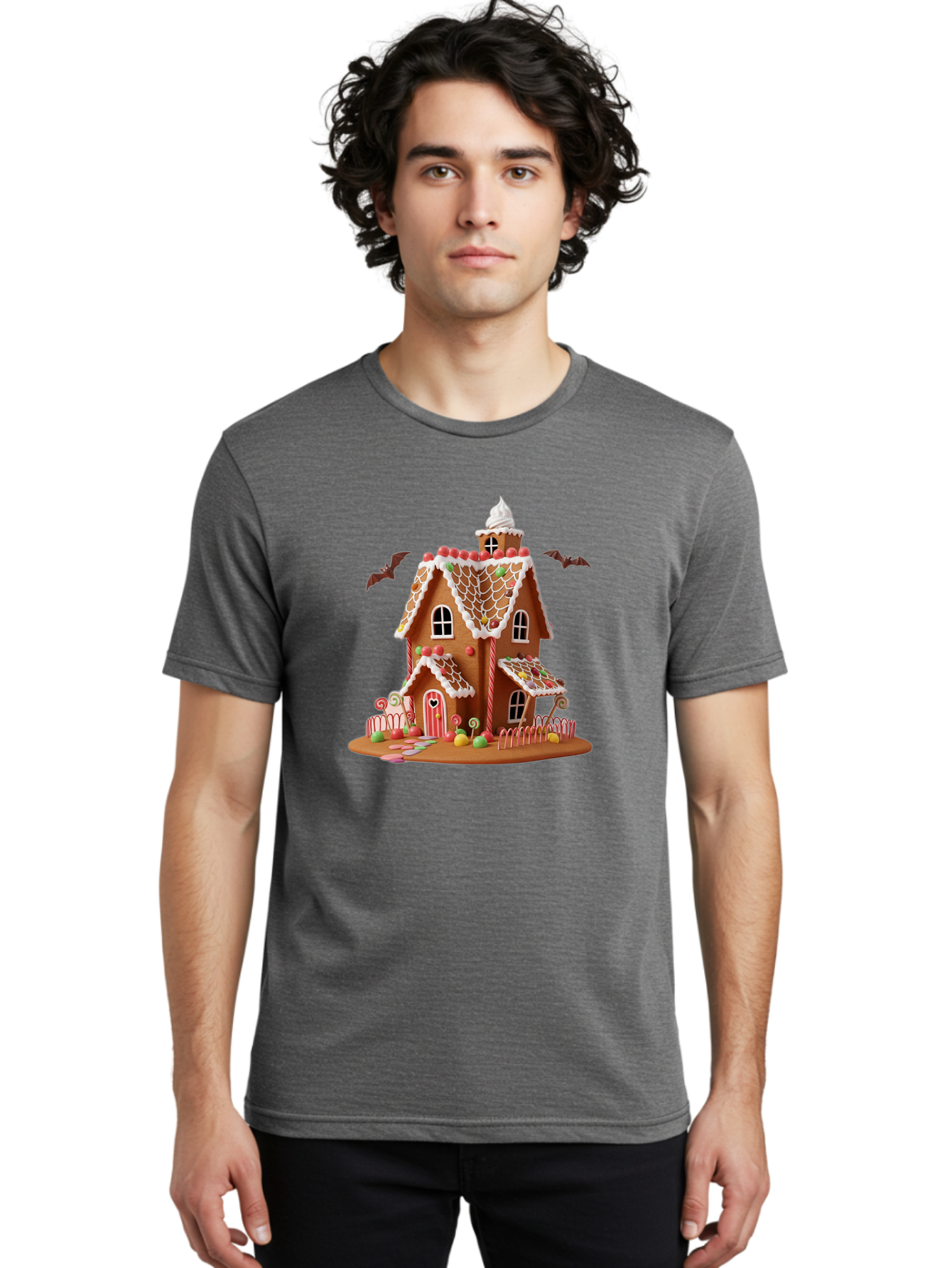Gingerbread-House Men'S Graphic Tee, 100% Cotton, Comfortable Casual Summer Wear, Machine Washable, Gingerbread House, Holiday Treat, Festive Dessert, Candy Decorations, Icing Details, Red And White Candy, Holiday Sweets, Christmas Cookie, Bad148