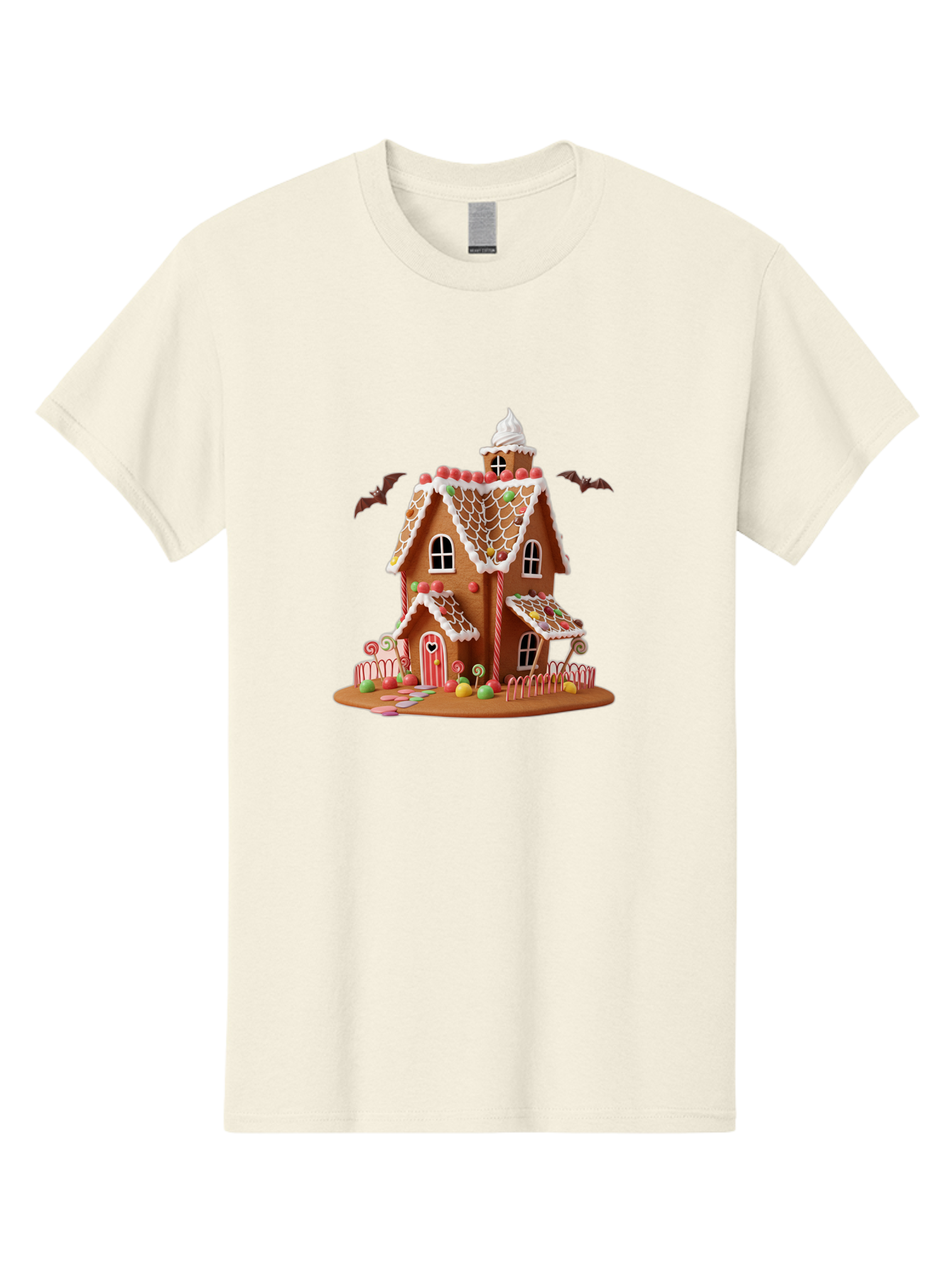 Gingerbread-House Men'S Graphic Tee, 100% Cotton, Comfortable Casual Summer Wear, Machine Washable, Gingerbread House, Holiday Treat, Festive Dessert, Candy Decorations, Icing Details, Red And White Candy, Holiday Sweets, Christmas Cookie, Bad148