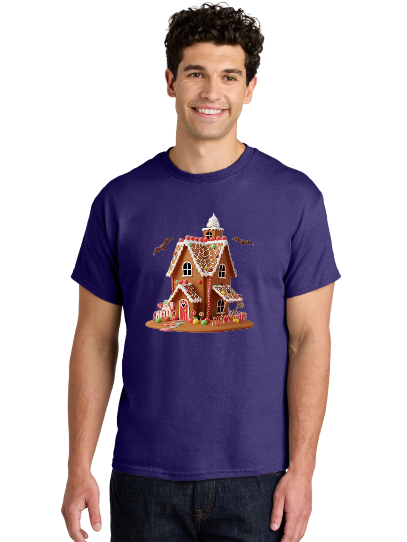 Gingerbread-House Men'S Graphic Tee, 100% Cotton, Comfortable Casual Summer Wear, Machine Washable, Gingerbread House, Holiday Treat, Festive Dessert, Candy Decorations, Icing Details, Red And White Candy, Holiday Sweets, Christmas Cookie, Bad148