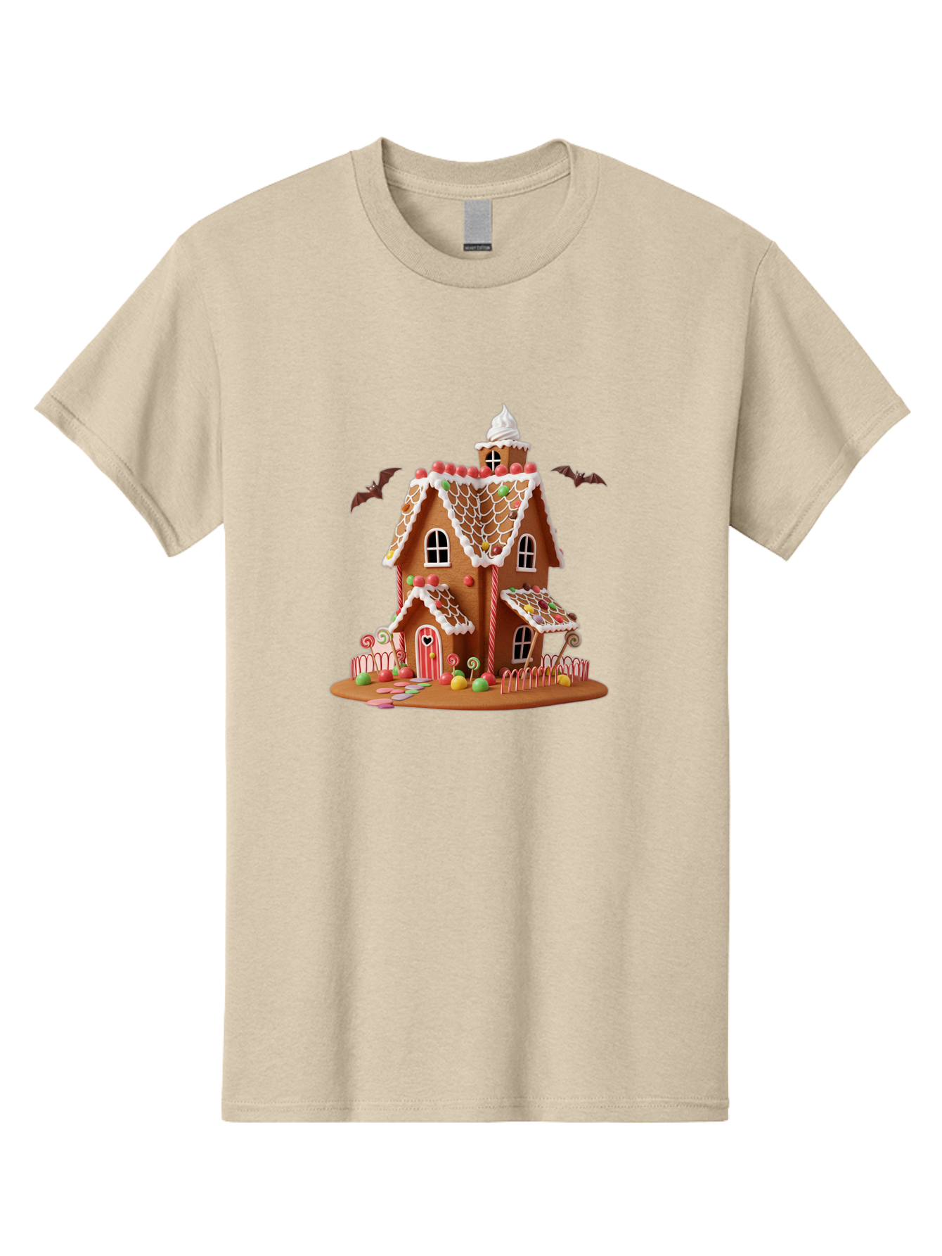 Gingerbread-House Men'S Graphic Tee, 100% Cotton, Comfortable Casual Summer Wear, Machine Washable, Gingerbread House, Holiday Treat, Festive Dessert, Candy Decorations, Icing Details, Red And White Candy, Holiday Sweets, Christmas Cookie, Bad148