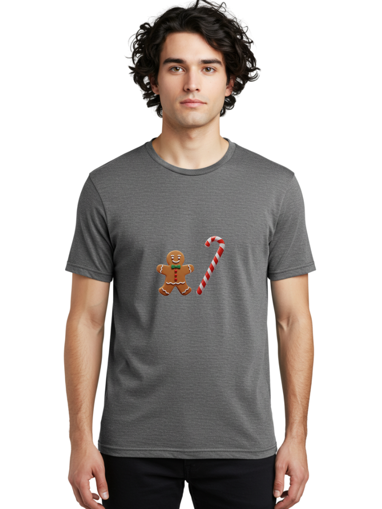 Gingerbread-Man-Candy-Cane Men'S Graphic Tee, 100% Cotton, Comfortable Casual Summer Wear, Machine Washable, Gingerbread Man, Candy Cane, Holiday Treats, Festive Sweets, Christmas Cookie, Red And White, Sweet Delights, Festive Decorations, Bad149