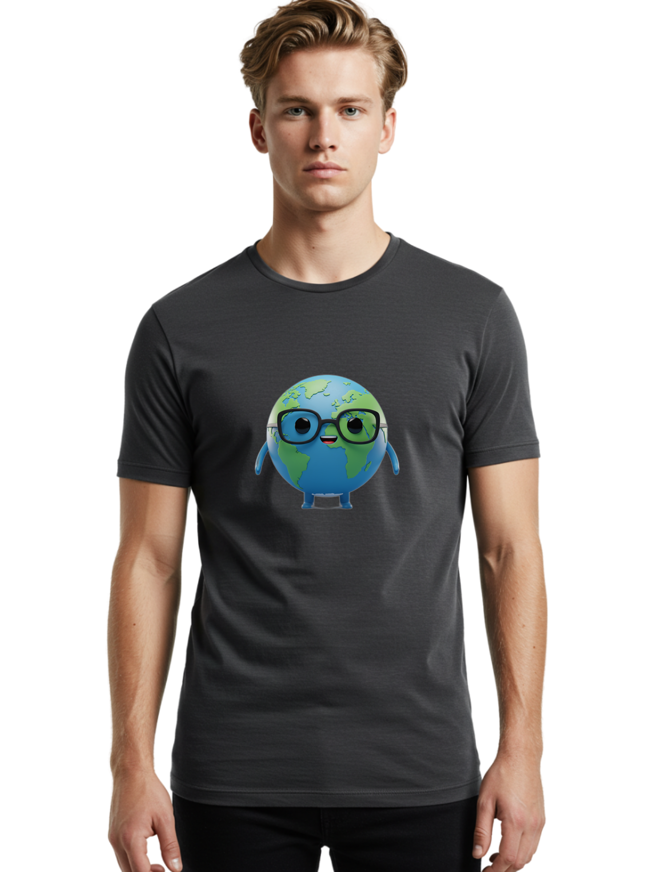 Globe-With-Glasses Men'S Graphic Tee, 100% Cotton, Comfortable Casual Summer Wear, Machine Washable, Cartoon Globe, 3D World Map, Nerdy Planet, Glasses-Wearing Earth, Anthropomorphic Globe, Cute Character Design, Fun Illustration, Bad152