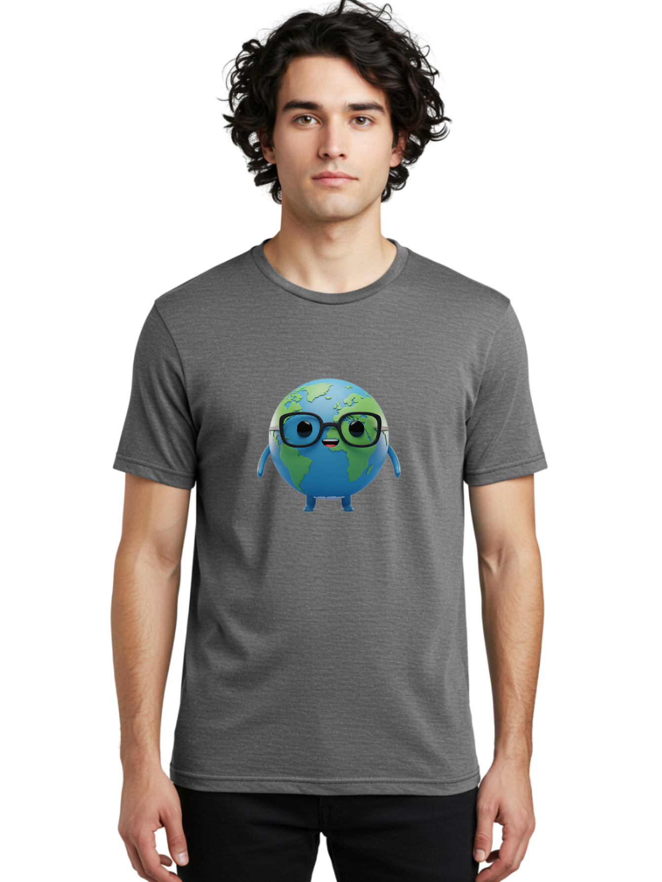 Globe-With-Glasses Men'S Graphic Tee, 100% Cotton, Comfortable Casual Summer Wear, Machine Washable, Cartoon Globe, 3D World Map, Nerdy Planet, Glasses-Wearing Earth, Anthropomorphic Globe, Cute Character Design, Fun Illustration, Bad152