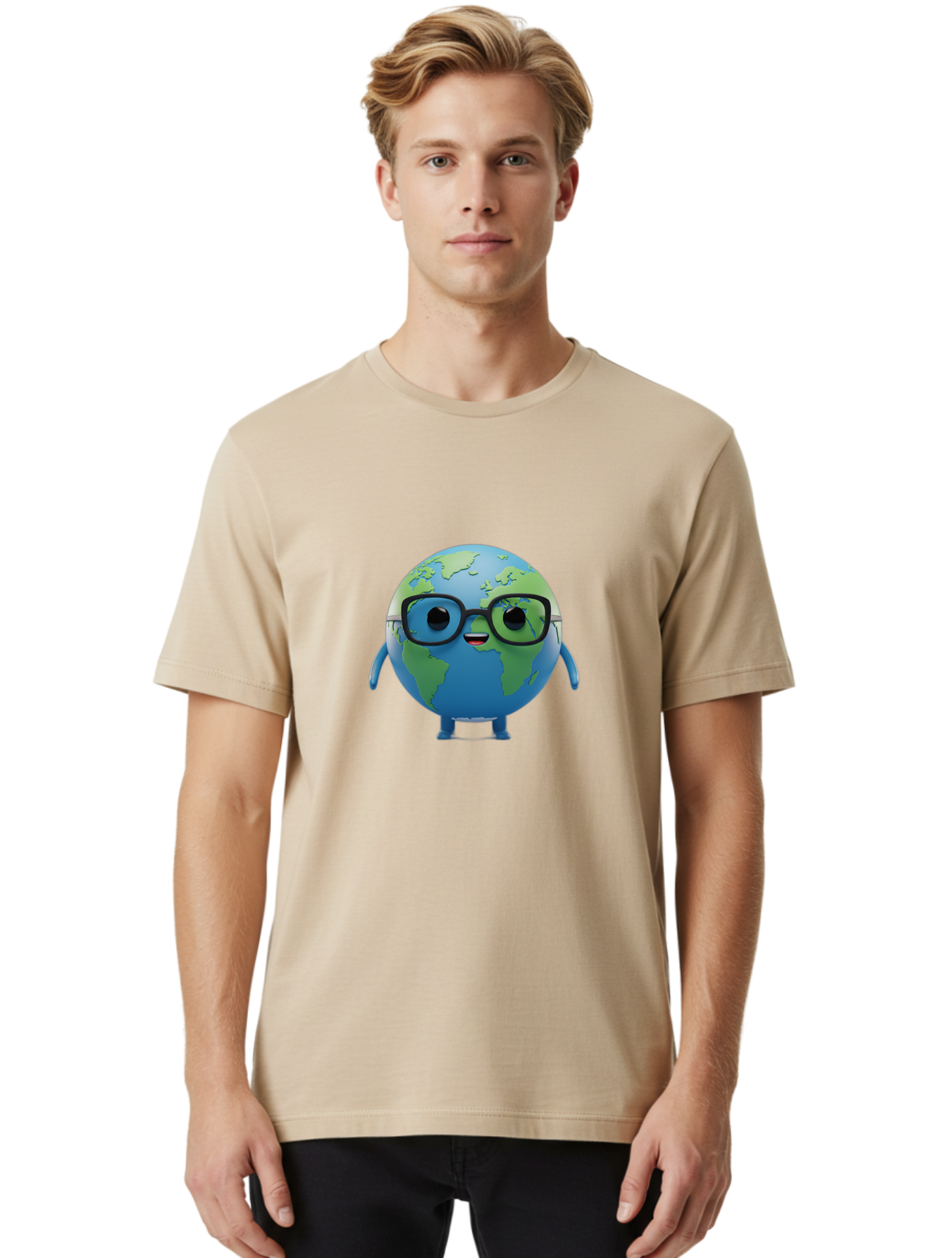 Globe-With-Glasses Men'S Graphic Tee, 100% Cotton, Comfortable Casual Summer Wear, Machine Washable, Cartoon Globe, 3D World Map, Nerdy Planet, Glasses-Wearing Earth, Anthropomorphic Globe, Cute Character Design, Fun Illustration, Bad152