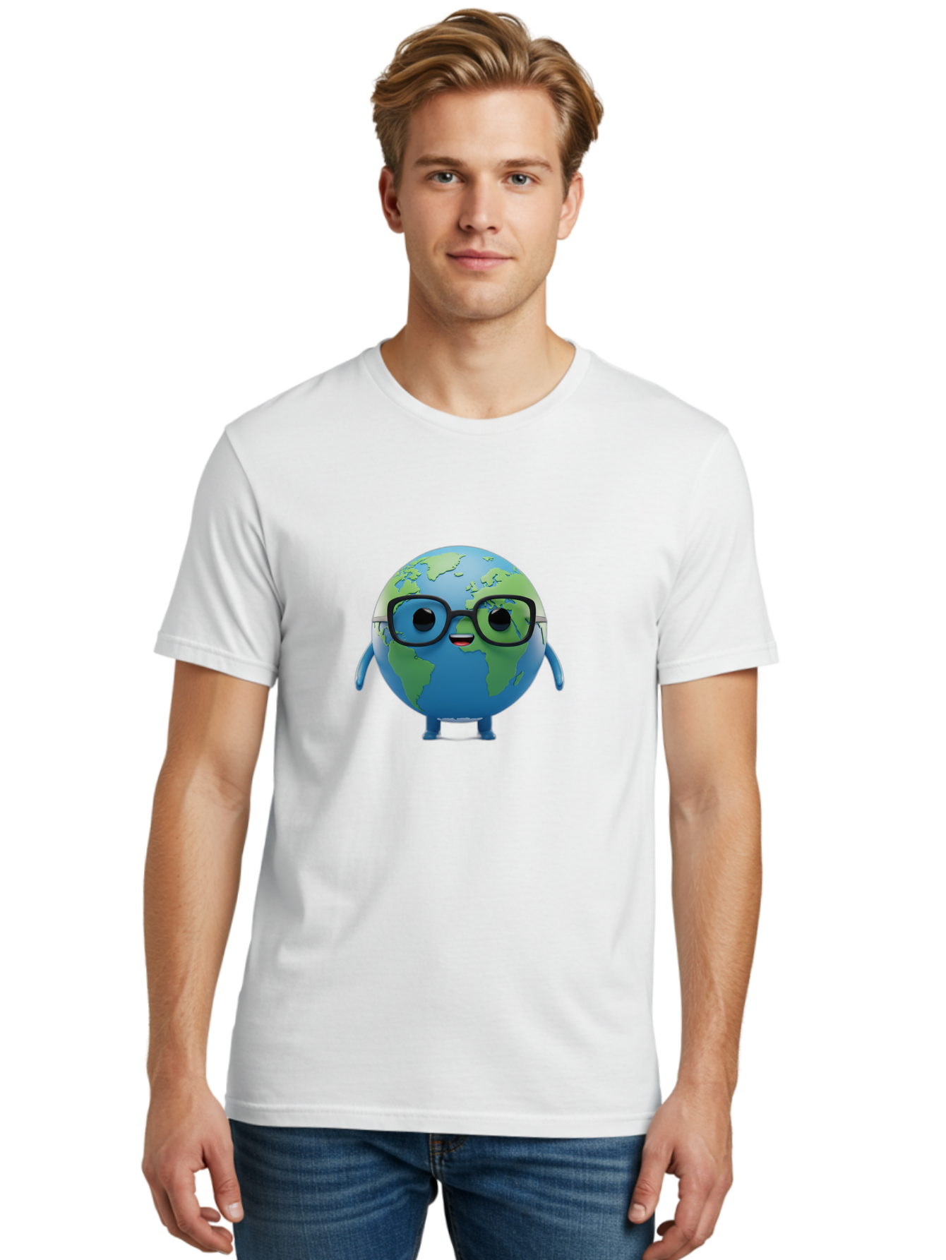 Globe-With-Glasses Men'S Graphic Tee, 100% Cotton, Comfortable Casual Summer Wear, Machine Washable, Cartoon Globe, 3D World Map, Nerdy Planet, Glasses-Wearing Earth, Anthropomorphic Globe, Cute Character Design, Fun Illustration, Bad152