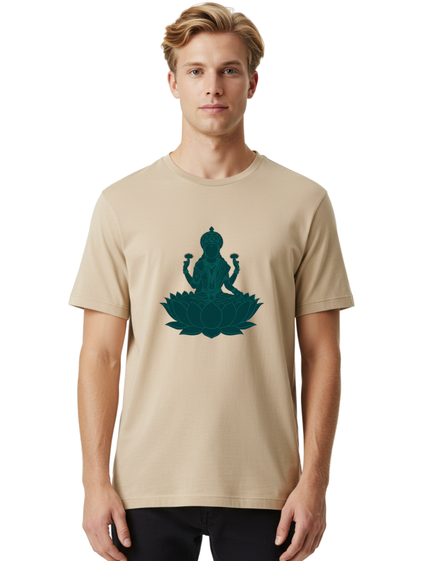 Goddess-Lakshmi Men'S Graphic Tee, 100% Cotton, Comfortable Casual Summer Wear, Machine Washable, Goddess Lakshmi, Lotus Flower, Spiritual Symbolism, Hindu Mythology, Sacred Geometry, Peaceful Pose, Sacred Lotus, Divine Energy, Prosperity, Bad154