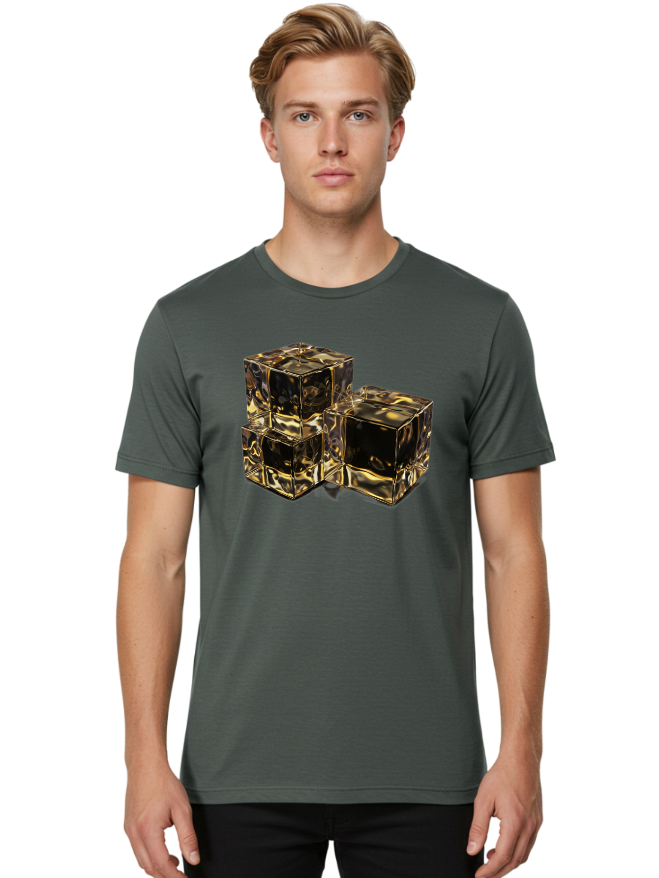Gold-Cubes Men'S Graphic Tee, 100% Cotton, Comfortable Casual Summer Wear, Machine Washable, Glass Cubes, Reflective Surface, Abstract Art, Modern Design, Geometric Shapes, Transparent Objects, Luxury Feel, Contemporary Aesthetics Bad155