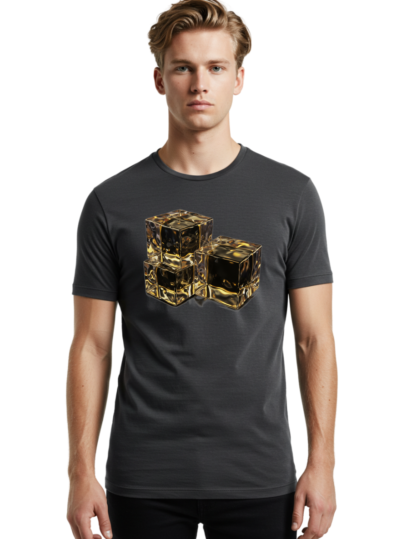 Gold-Cubes Men'S Graphic Tee, 100% Cotton, Comfortable Casual Summer Wear, Machine Washable, Glass Cubes, Reflective Surface, Abstract Art, Modern Design, Geometric Shapes, Transparent Objects, Luxury Feel, Contemporary Aesthetics Bad155