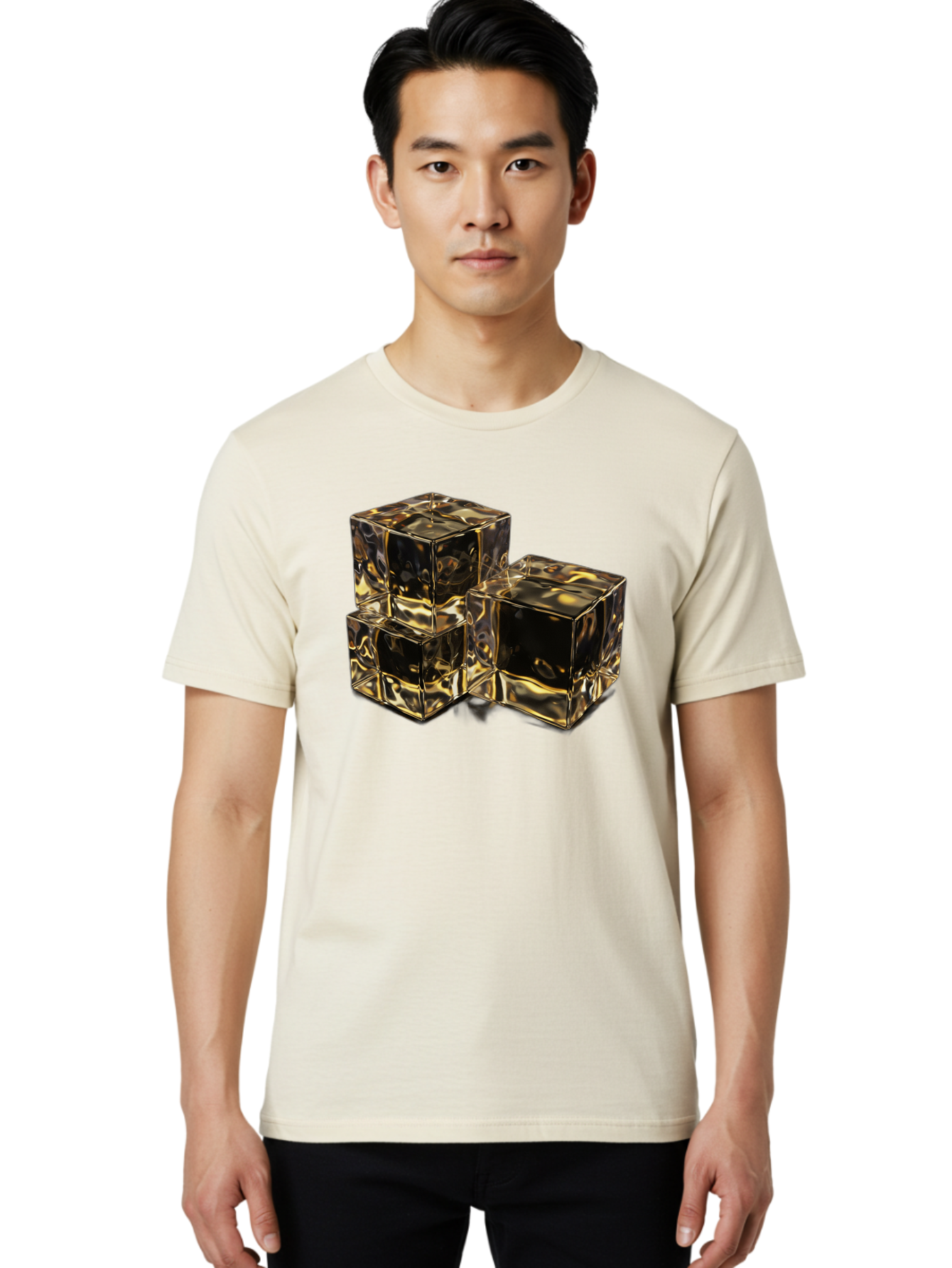 Gold-Cubes Men'S Graphic Tee, 100% Cotton, Comfortable Casual Summer Wear, Machine Washable, Glass Cubes, Reflective Surface, Abstract Art, Modern Design, Geometric Shapes, Transparent Objects, Luxury Feel, Contemporary Aesthetics Bad155