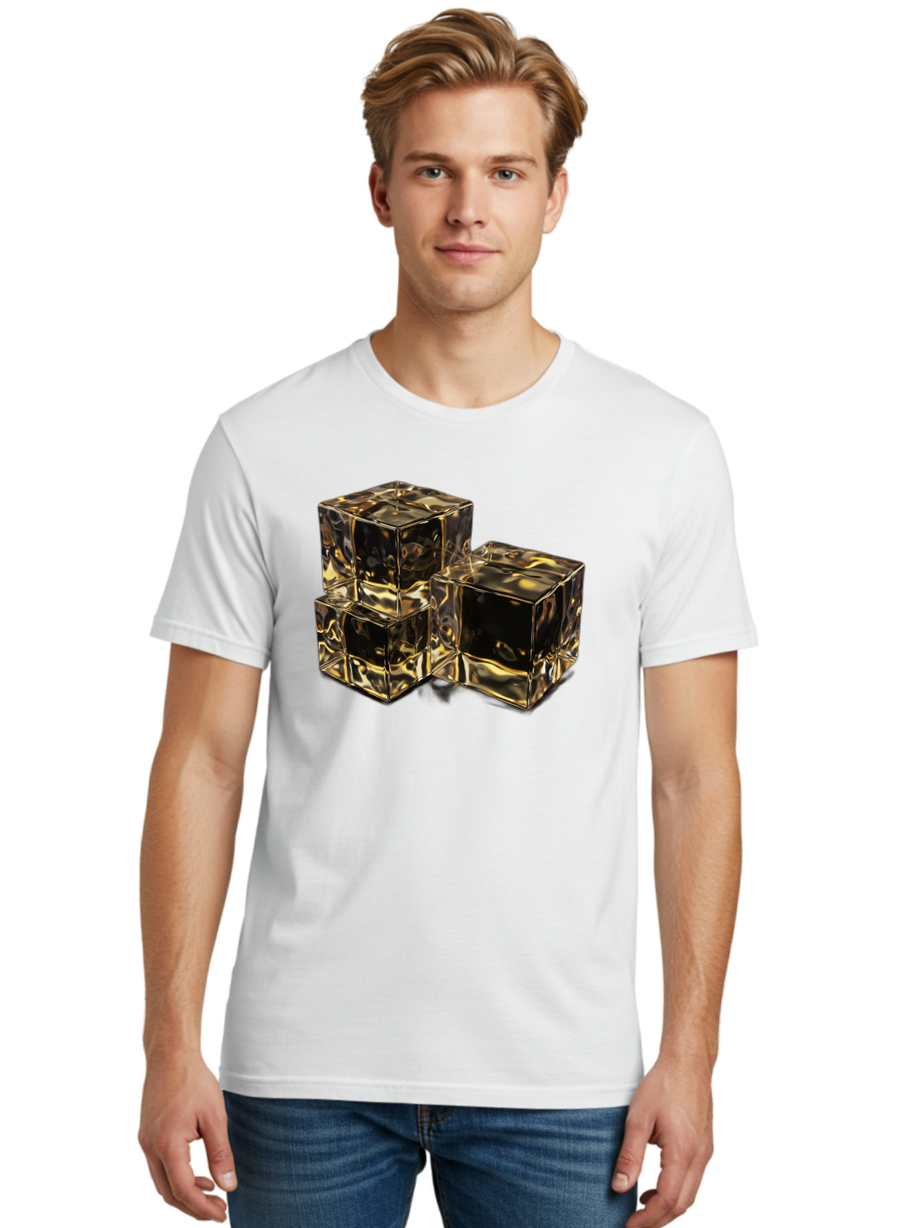 Gold-Cubes Men'S Graphic Tee, 100% Cotton, Comfortable Casual Summer Wear, Machine Washable, Glass Cubes, Reflective Surface, Abstract Art, Modern Design, Geometric Shapes, Transparent Objects, Luxury Feel, Contemporary Aesthetics Bad155