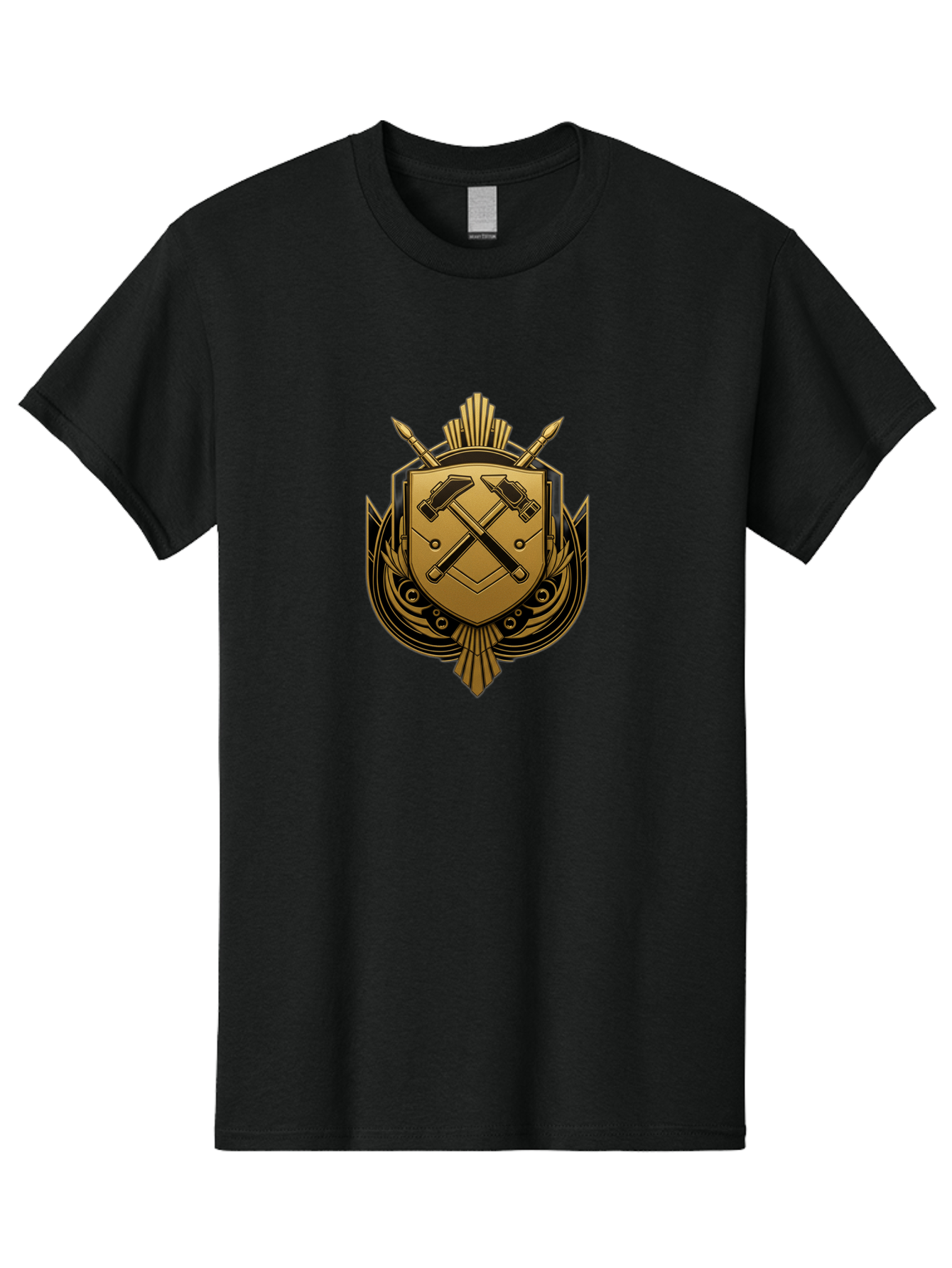 Gold-Shield-Crest Men'S Graphic Tee, 100% Cotton, Comfortable Casual Summer Wear, Machine Washable, Shield Emblem, Crossed Hammers, Carpentry Tools, Construction Industry, Craftsmanship, Black And Gold Design, Symbolic Crest, Bad156