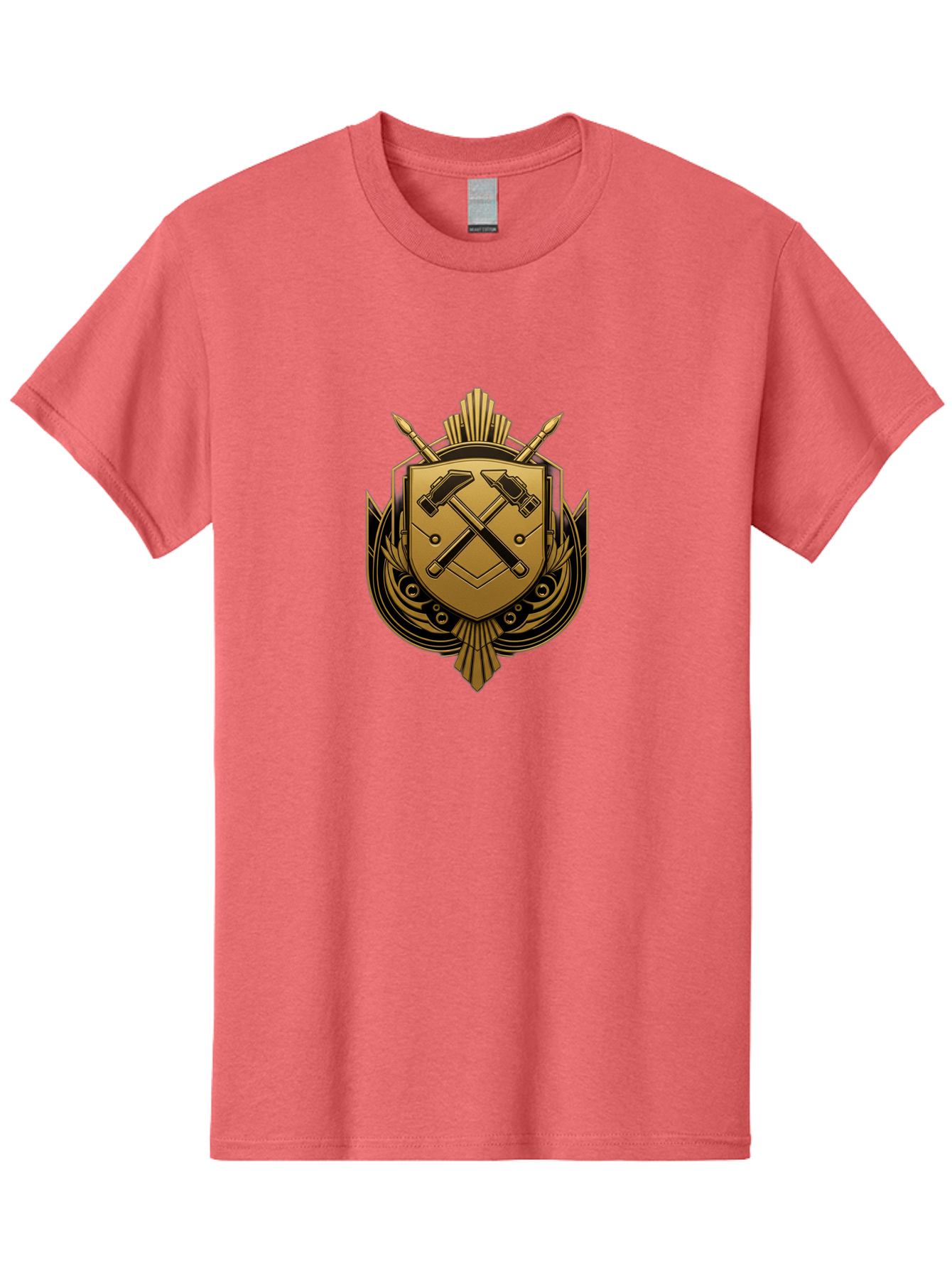 Gold-Shield-Crest Men'S Graphic Tee, 100% Cotton, Comfortable Casual Summer Wear, Machine Washable, Shield Emblem, Crossed Hammers, Carpentry Tools, Construction Industry, Craftsmanship, Black And Gold Design, Symbolic Crest, Bad156