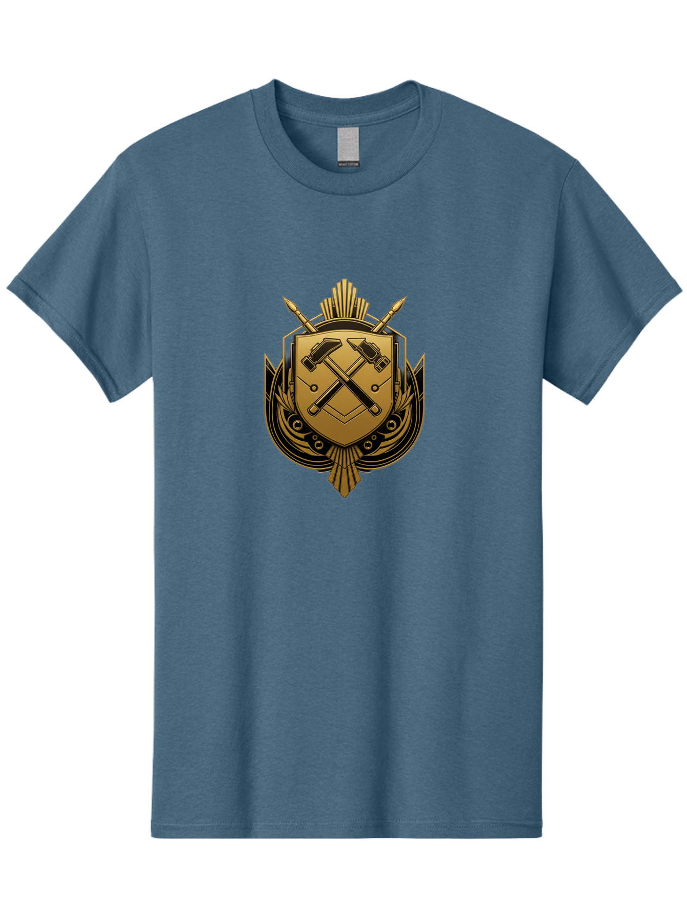 Gold-Shield-Crest Men'S Graphic Tee, 100% Cotton, Comfortable Casual Summer Wear, Machine Washable, Shield Emblem, Crossed Hammers, Carpentry Tools, Construction Industry, Craftsmanship, Black And Gold Design, Symbolic Crest, Bad156