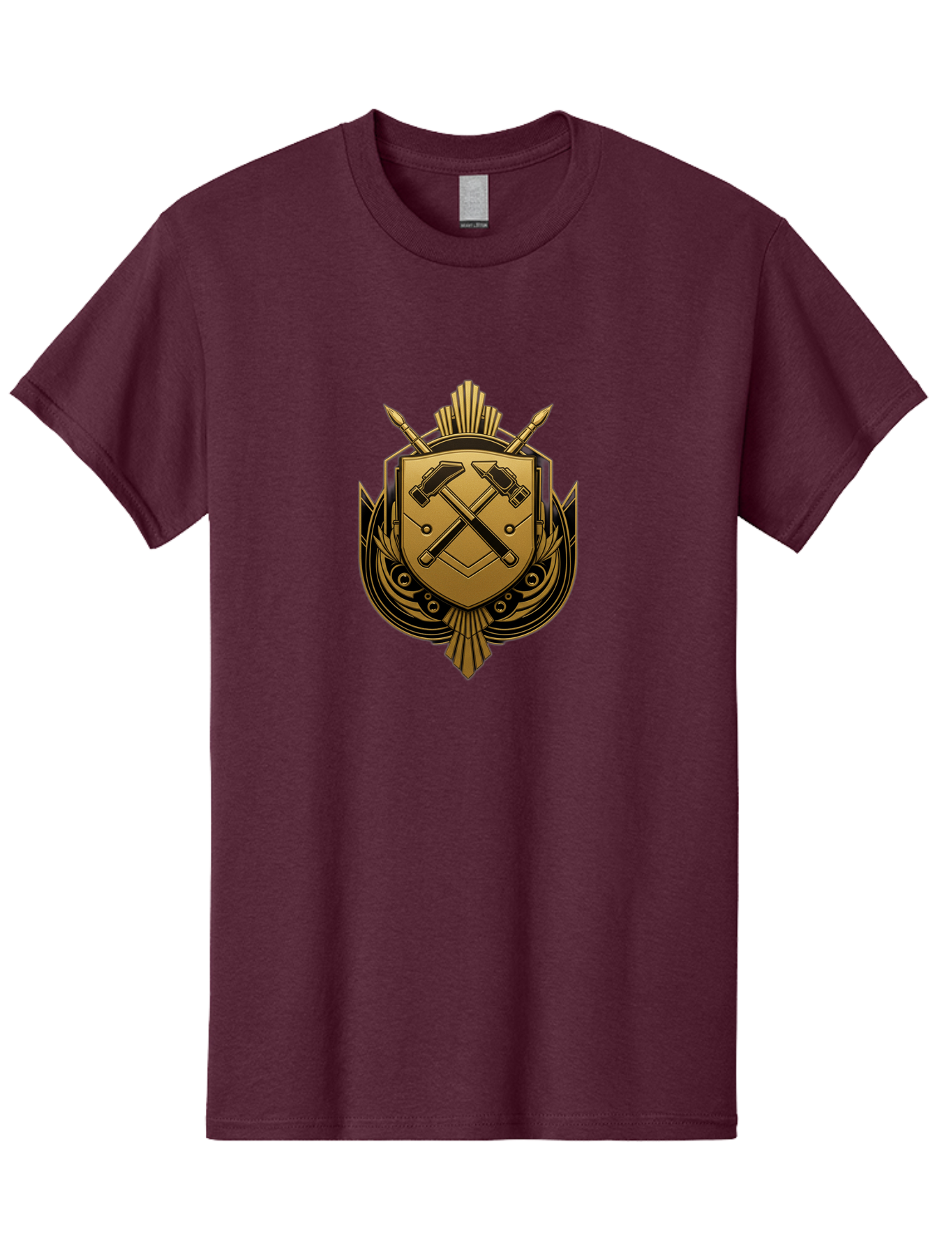 Gold-Shield-Crest Men'S Graphic Tee, 100% Cotton, Comfortable Casual Summer Wear, Machine Washable, Shield Emblem, Crossed Hammers, Carpentry Tools, Construction Industry, Craftsmanship, Black And Gold Design, Symbolic Crest, Bad156