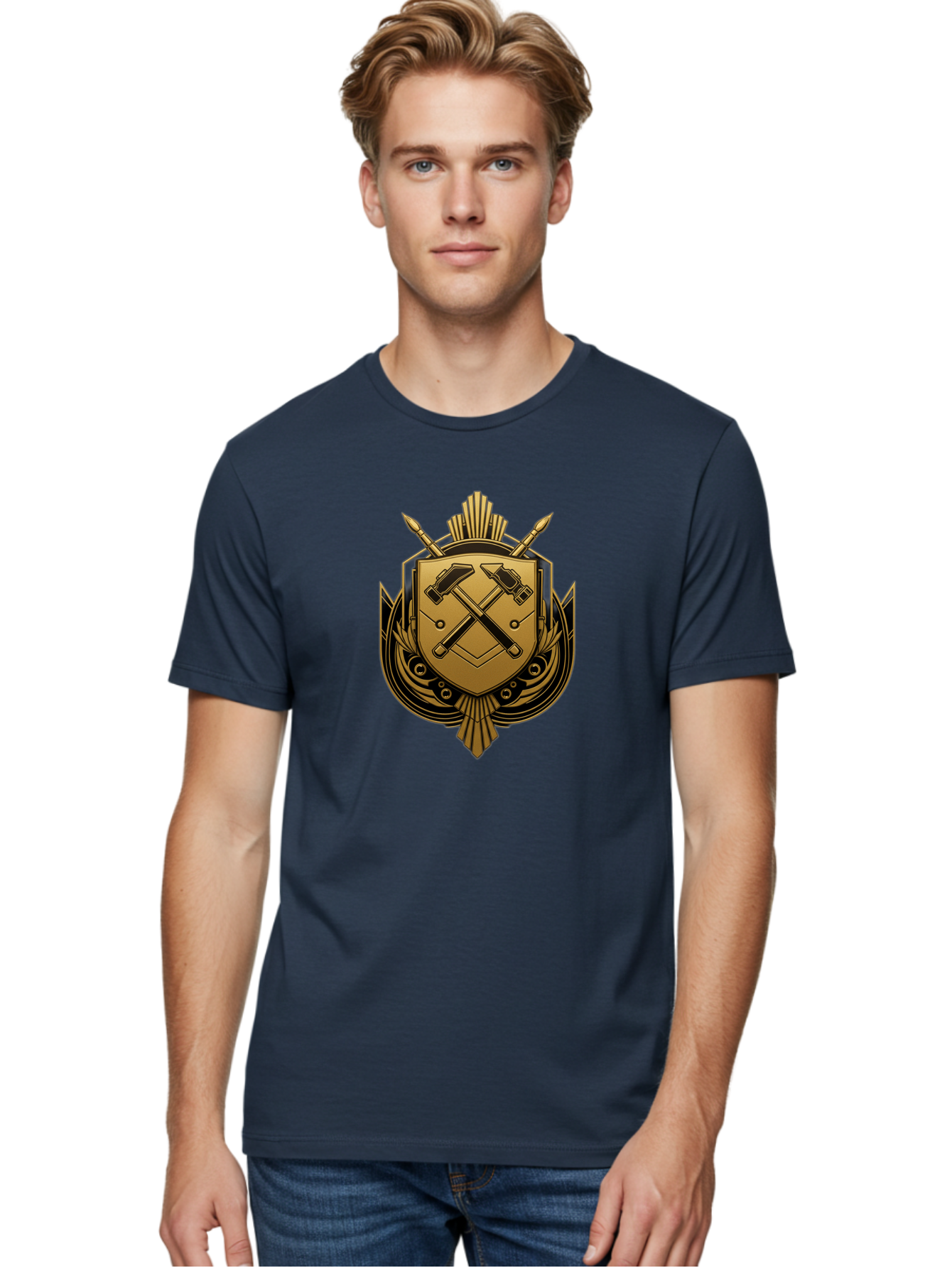 Gold-Shield-Crest Men'S Graphic Tee, 100% Cotton, Comfortable Casual Summer Wear, Machine Washable, Shield Emblem, Crossed Hammers, Carpentry Tools, Construction Industry, Craftsmanship, Black And Gold Design, Symbolic Crest, Bad156