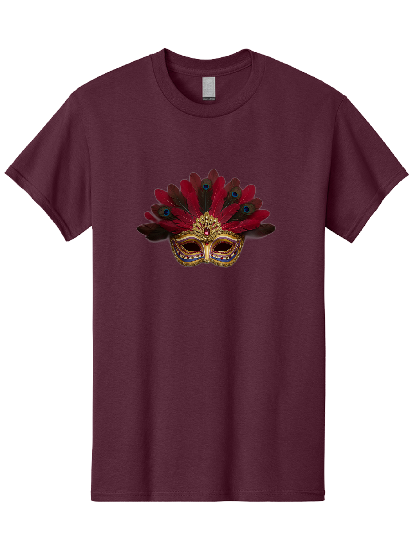 Gold-Venetian-Mask Men'S Graphic Tee, 100% Cotton, Comfortable Casual Summer Wear, Machine Washable, Venetian Mask, Gold Masquerade, Red Feathers, Peacock Feathers, Mardi Gras, Carnival, Jewels, Gems, Luxury, Elegance, Sophisticated, Bad157