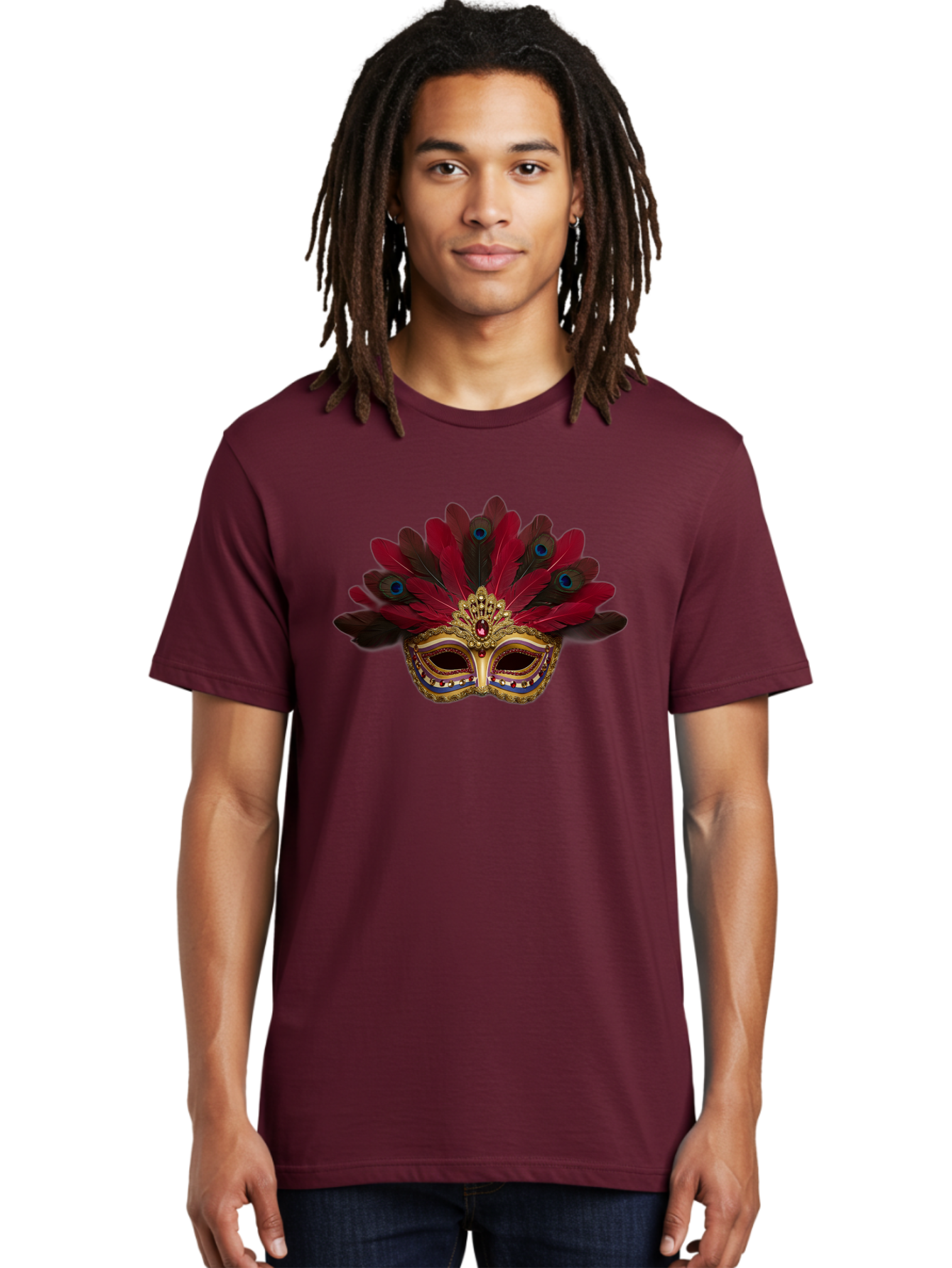 Gold-Venetian-Mask Men'S Graphic Tee, 100% Cotton, Comfortable Casual Summer Wear, Machine Washable, Venetian Mask, Gold Masquerade, Red Feathers, Peacock Feathers, Mardi Gras, Carnival, Jewels, Gems, Luxury, Elegance, Sophisticated, Bad157