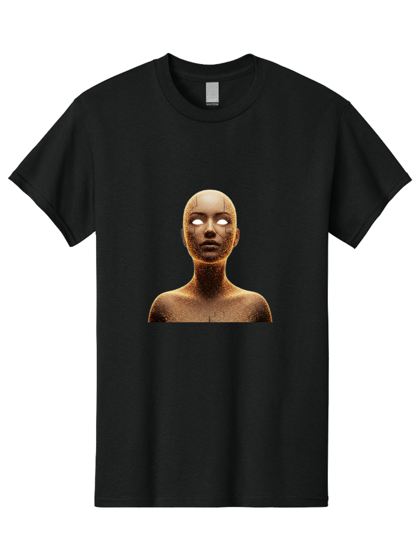 Golden-Mannequin Men'S Graphic Tee, 100% Cotton, Comfortable Casual Summer Wear, Machine Washable, Cracked Mannequin, Glowing Eyes, Brown Dusty Texture, Robotic Face, Futuristic Design, Modern Art, Surreal Atmosphere, Abstract Portrait Bad158
