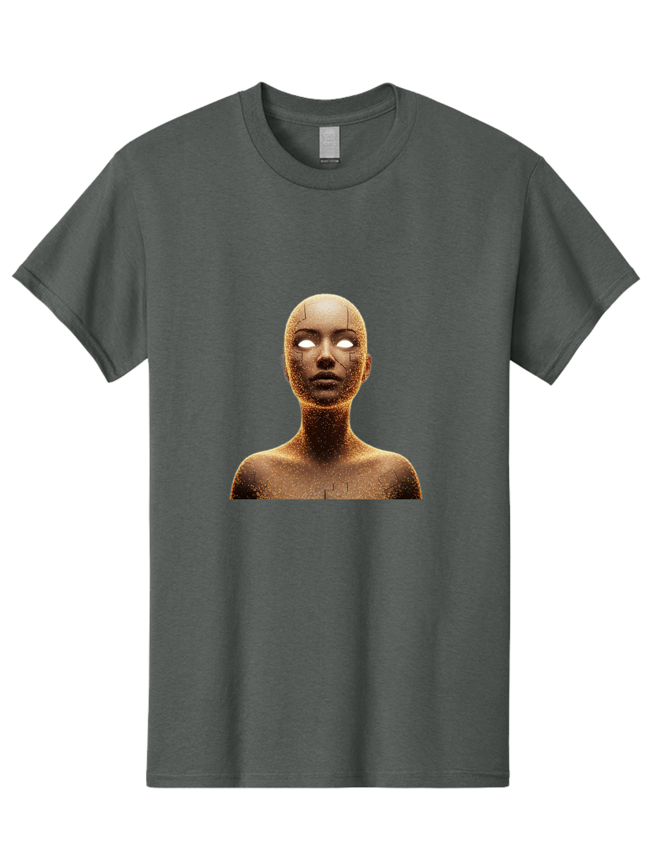 Golden-Mannequin Men'S Graphic Tee, 100% Cotton, Comfortable Casual Summer Wear, Machine Washable, Cracked Mannequin, Glowing Eyes, Brown Dusty Texture, Robotic Face, Futuristic Design, Modern Art, Surreal Atmosphere, Abstract Portrait Bad158