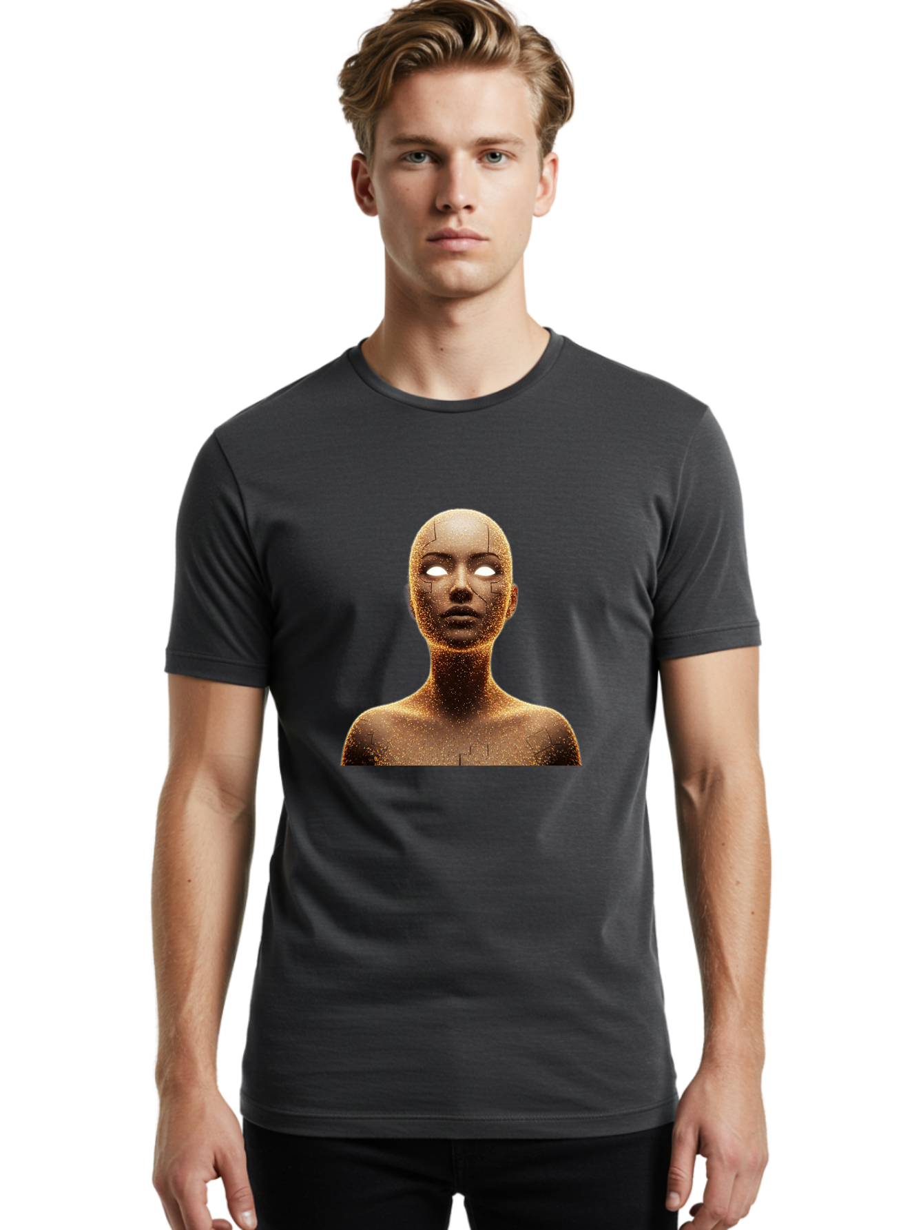 Golden-Mannequin Men'S Graphic Tee, 100% Cotton, Comfortable Casual Summer Wear, Machine Washable, Cracked Mannequin, Glowing Eyes, Brown Dusty Texture, Robotic Face, Futuristic Design, Modern Art, Surreal Atmosphere, Abstract Portrait Bad158