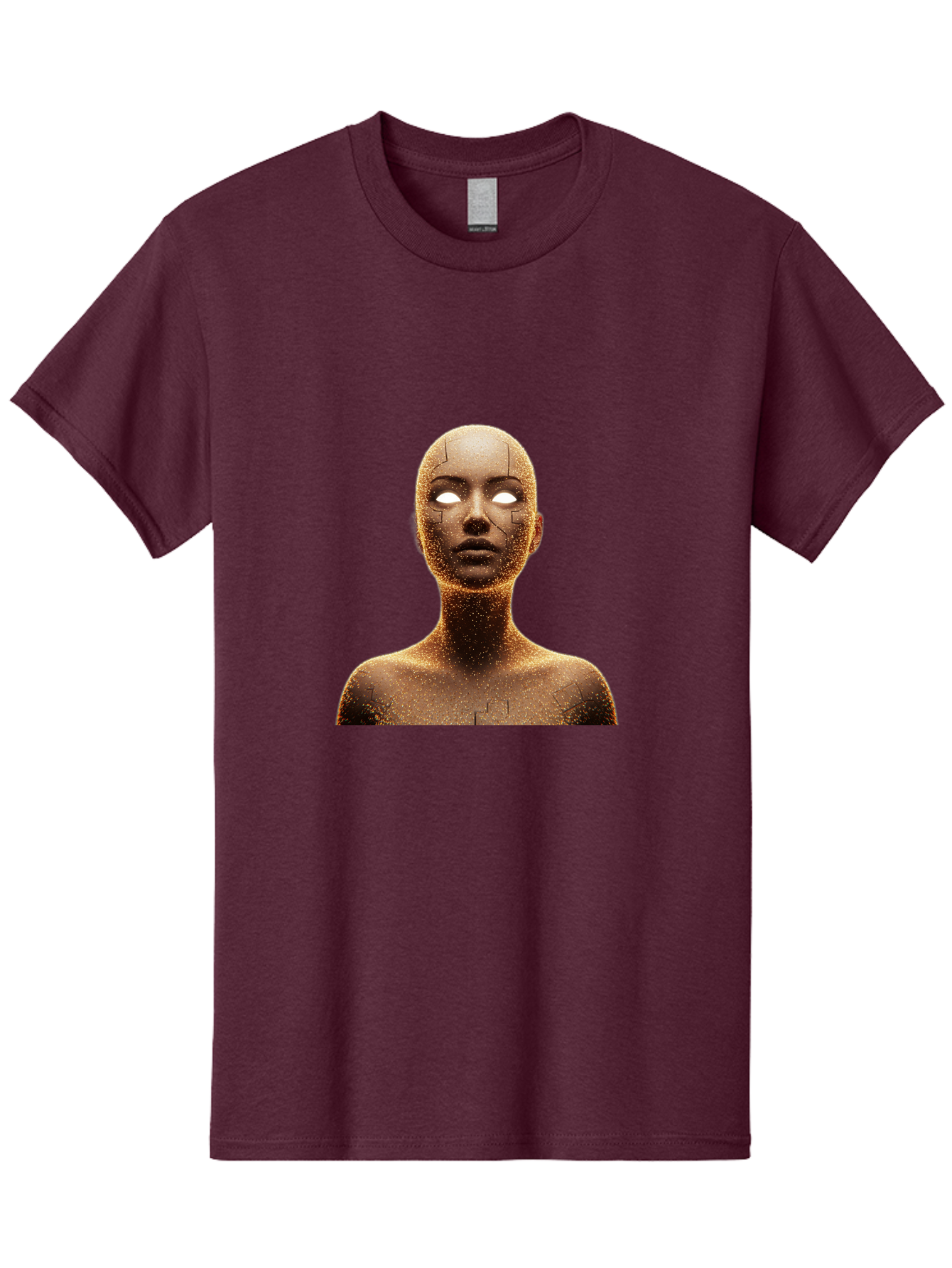 Golden-Mannequin Men'S Graphic Tee, 100% Cotton, Comfortable Casual Summer Wear, Machine Washable, Cracked Mannequin, Glowing Eyes, Brown Dusty Texture, Robotic Face, Futuristic Design, Modern Art, Surreal Atmosphere, Abstract Portrait Bad158
