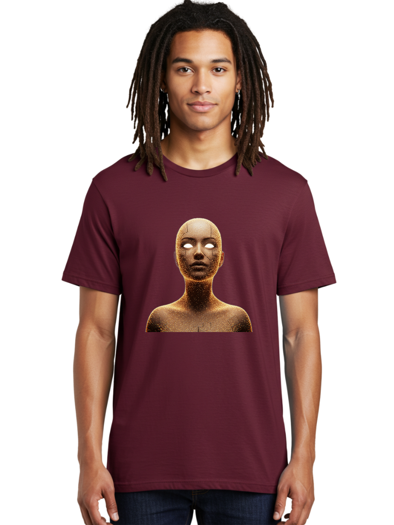 Golden-Mannequin Men'S Graphic Tee, 100% Cotton, Comfortable Casual Summer Wear, Machine Washable, Cracked Mannequin, Glowing Eyes, Brown Dusty Texture, Robotic Face, Futuristic Design, Modern Art, Surreal Atmosphere, Abstract Portrait Bad158