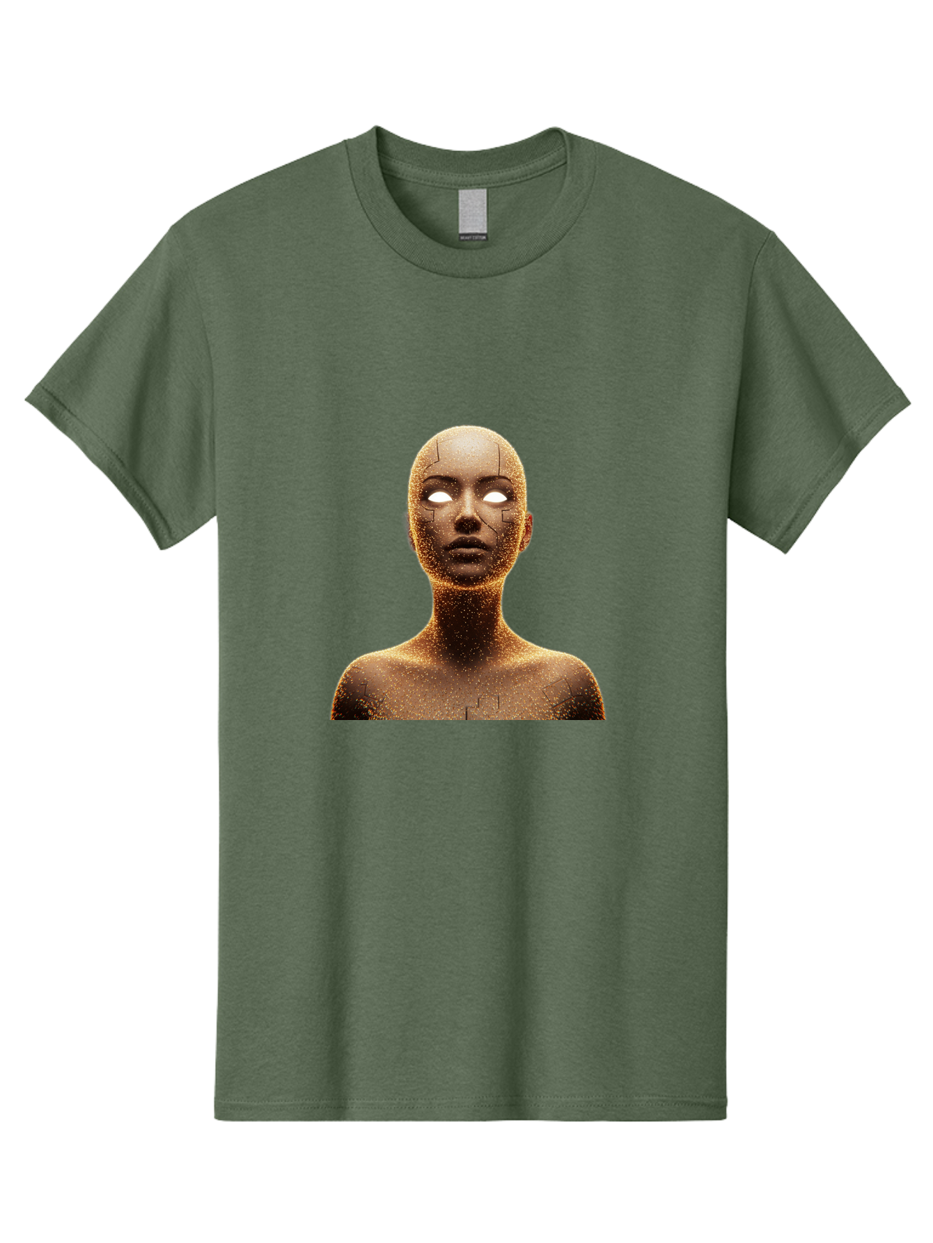 Golden-Mannequin Men'S Graphic Tee, 100% Cotton, Comfortable Casual Summer Wear, Machine Washable, Cracked Mannequin, Glowing Eyes, Brown Dusty Texture, Robotic Face, Futuristic Design, Modern Art, Surreal Atmosphere, Abstract Portrait Bad158