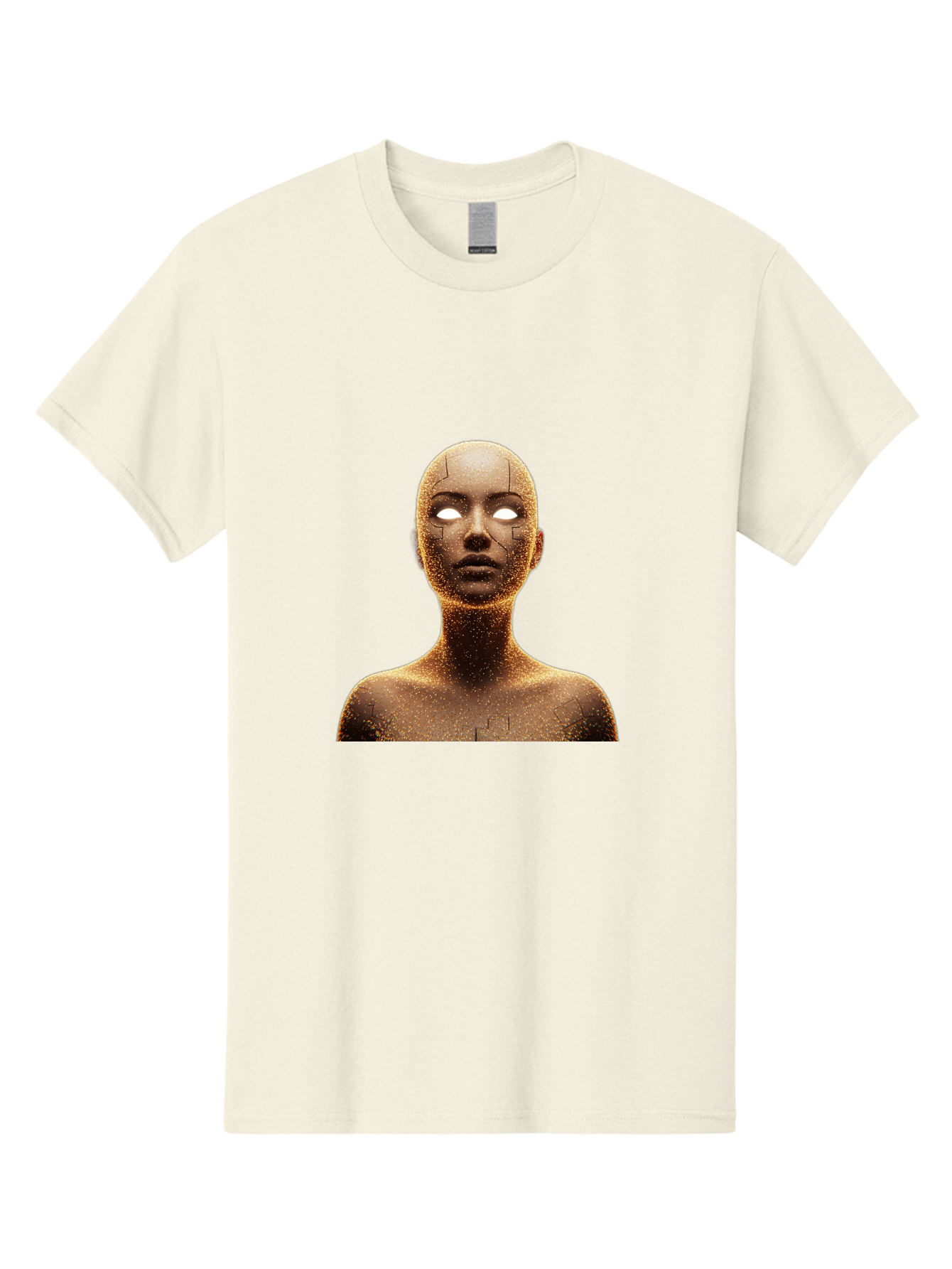 Golden-Mannequin Men'S Graphic Tee, 100% Cotton, Comfortable Casual Summer Wear, Machine Washable, Cracked Mannequin, Glowing Eyes, Brown Dusty Texture, Robotic Face, Futuristic Design, Modern Art, Surreal Atmosphere, Abstract Portrait Bad158