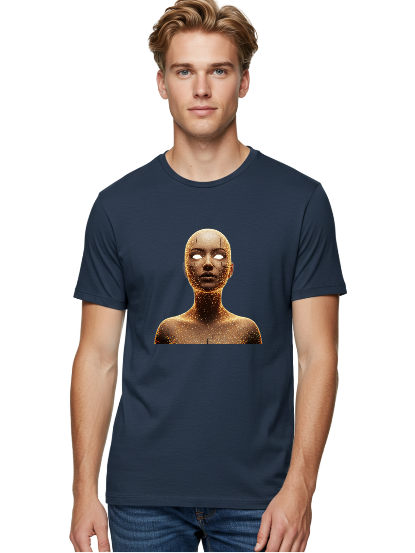 Golden-Mannequin Men'S Graphic Tee, 100% Cotton, Comfortable Casual Summer Wear, Machine Washable, Cracked Mannequin, Glowing Eyes, Brown Dusty Texture, Robotic Face, Futuristic Design, Modern Art, Surreal Atmosphere, Abstract Portrait Bad158