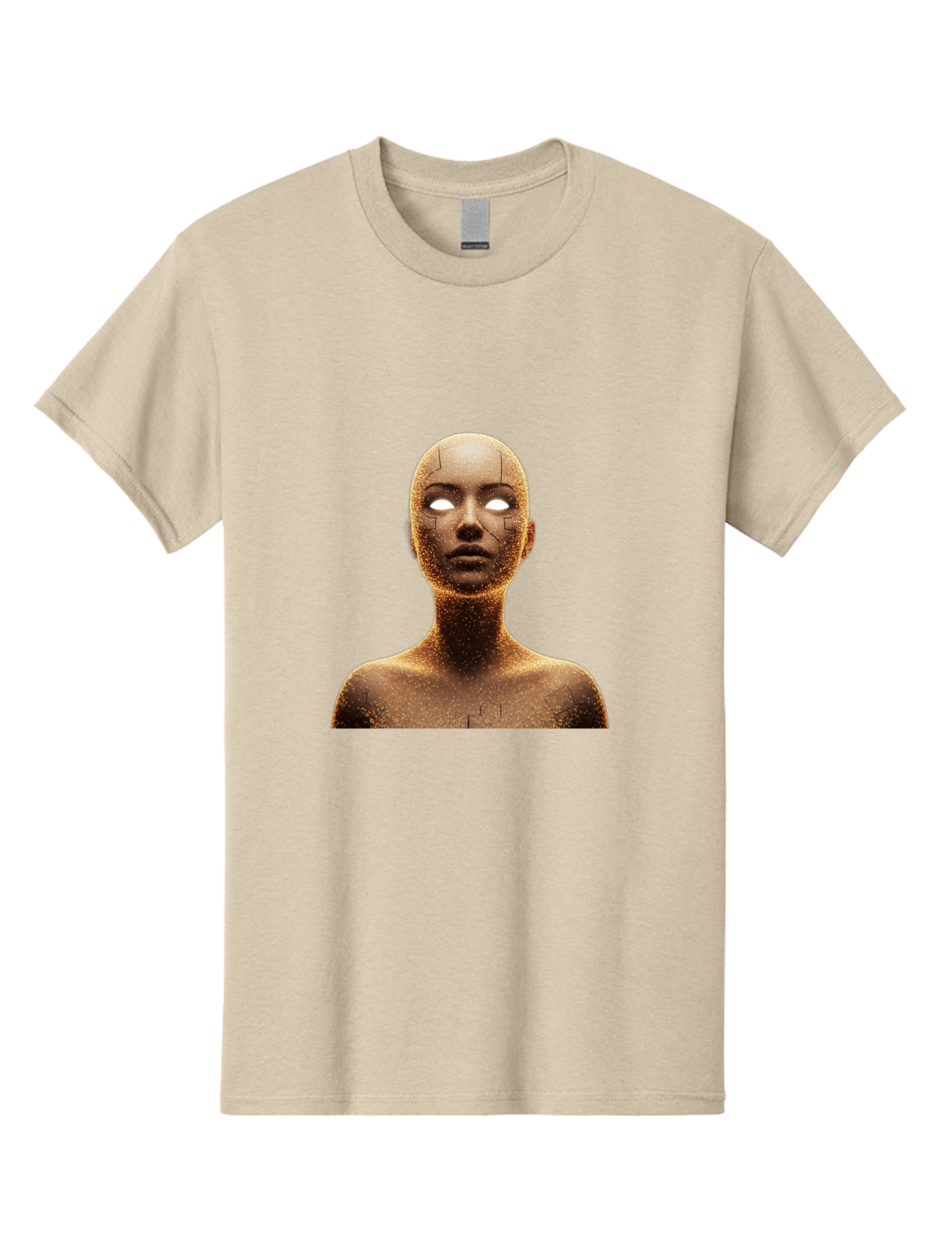 Golden-Mannequin Men'S Graphic Tee, 100% Cotton, Comfortable Casual Summer Wear, Machine Washable, Cracked Mannequin, Glowing Eyes, Brown Dusty Texture, Robotic Face, Futuristic Design, Modern Art, Surreal Atmosphere, Abstract Portrait Bad158