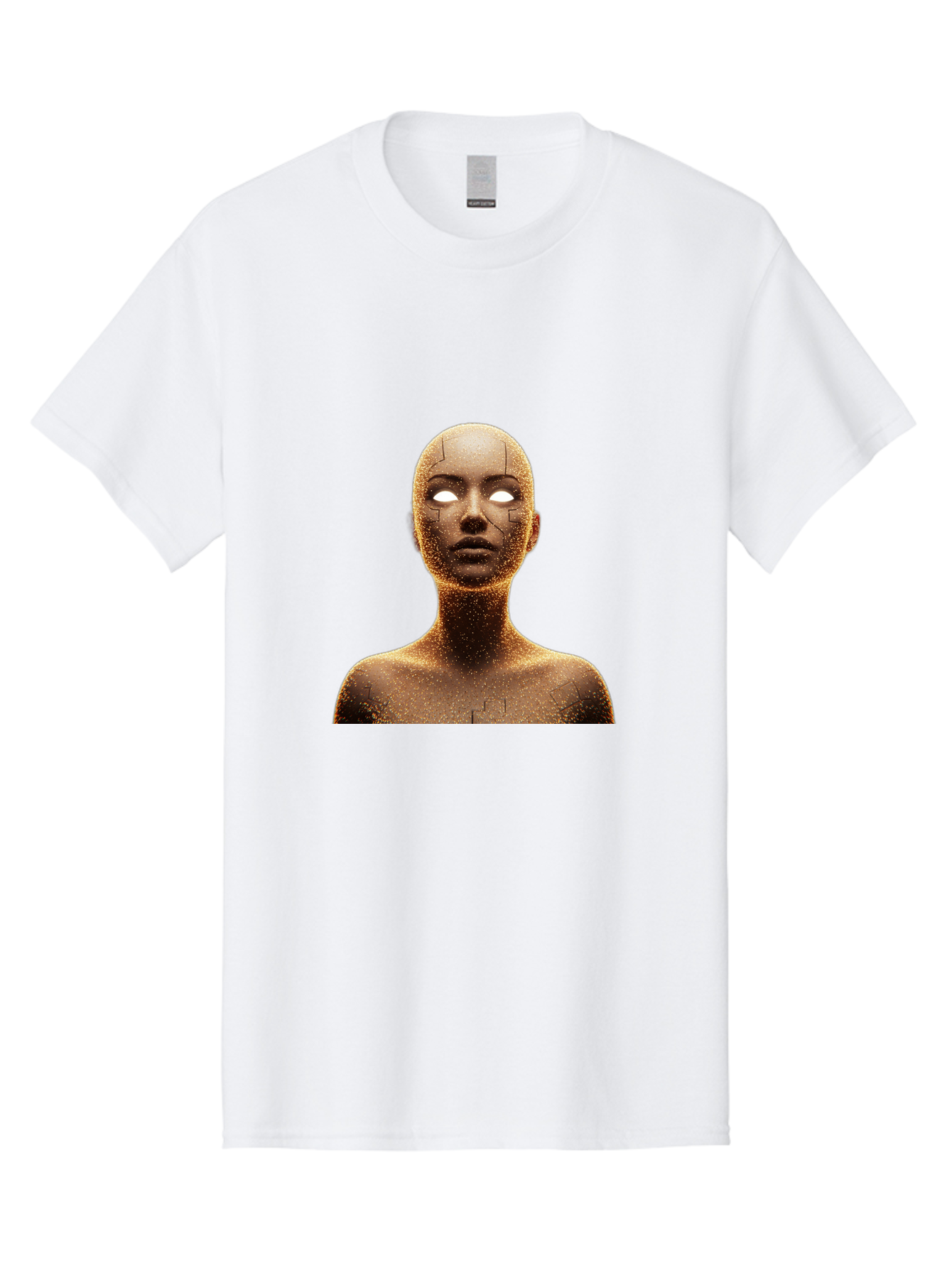 Golden-Mannequin Men'S Graphic Tee, 100% Cotton, Comfortable Casual Summer Wear, Machine Washable, Cracked Mannequin, Glowing Eyes, Brown Dusty Texture, Robotic Face, Futuristic Design, Modern Art, Surreal Atmosphere, Abstract Portrait Bad158